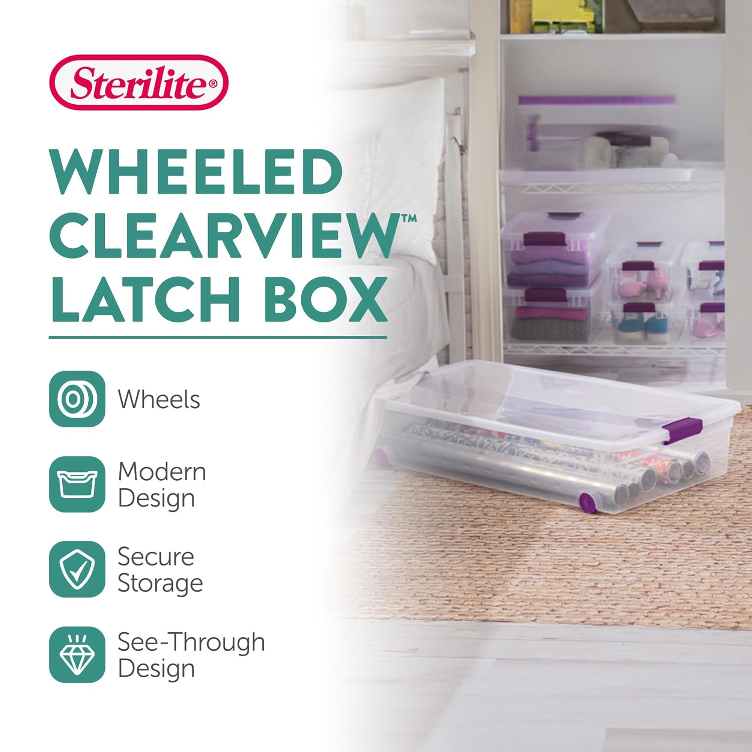 Sterilite 4-Pack 60 Quart ClearView Latch Box, Wheeled Underbed Organizer Bins with Latching Lids - Clear Plastic Organization Containers for Closet, Bedroom, Shelving Units and Everyday Home Storage