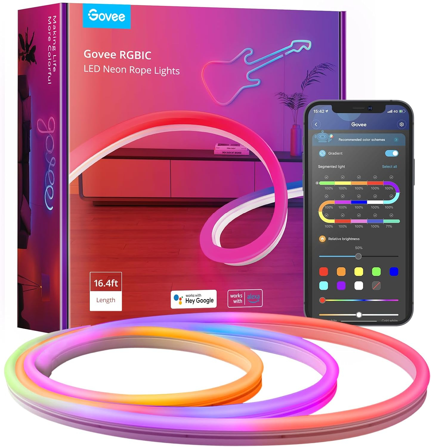 Govee RGBIC Neon Rope Light, 16.4ft LED Strip Lights, Music Sync, DIY Design, Works with Alexa, Google Assistant, Neon Lights for Gaming Room Living Bedroom Wall Decor (Not Support 5G WiFi)