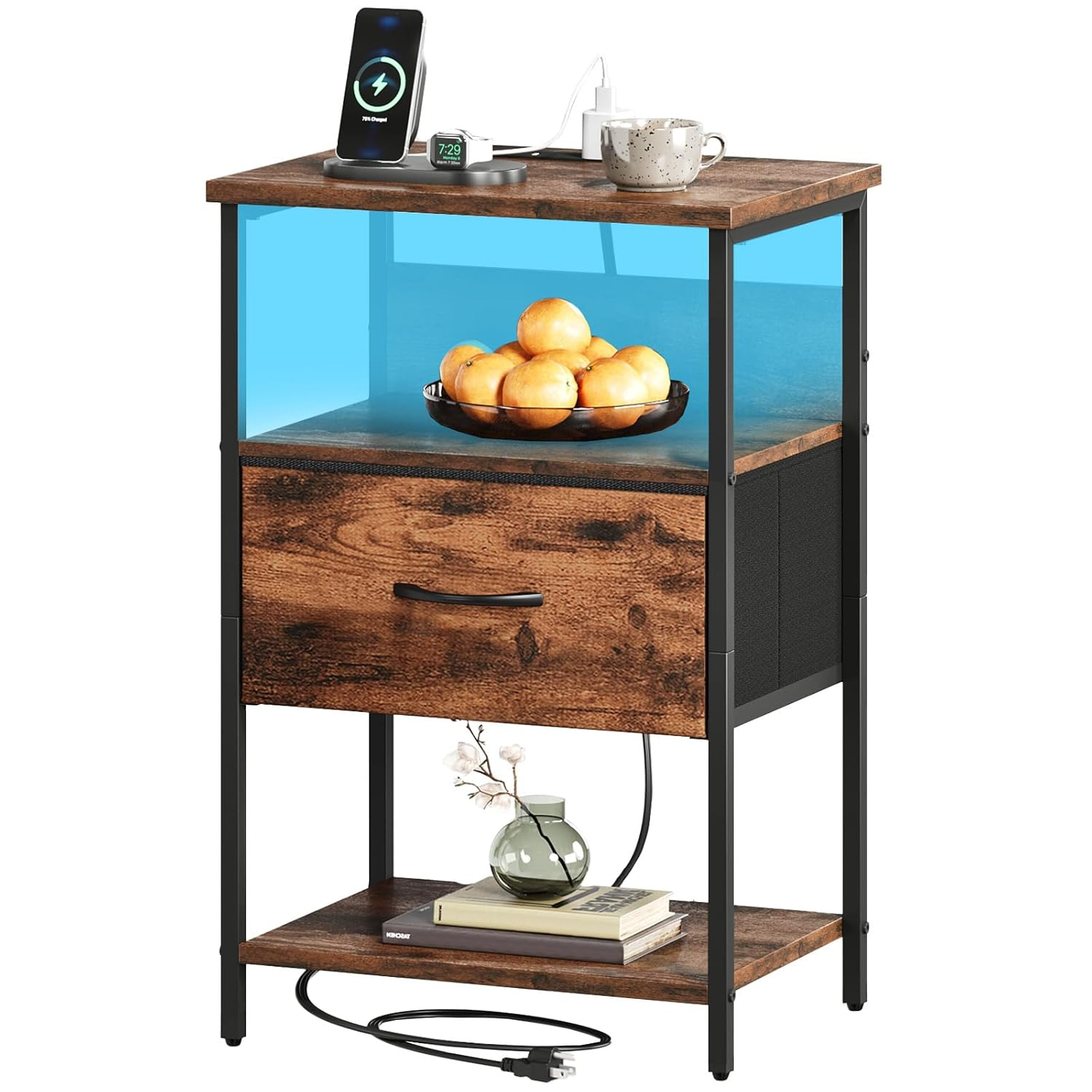 Somdot Bedside Table Set of 2 with Charging Station, LED and Storage Shelfs for Bedroom Living Room, Wood Grain Print