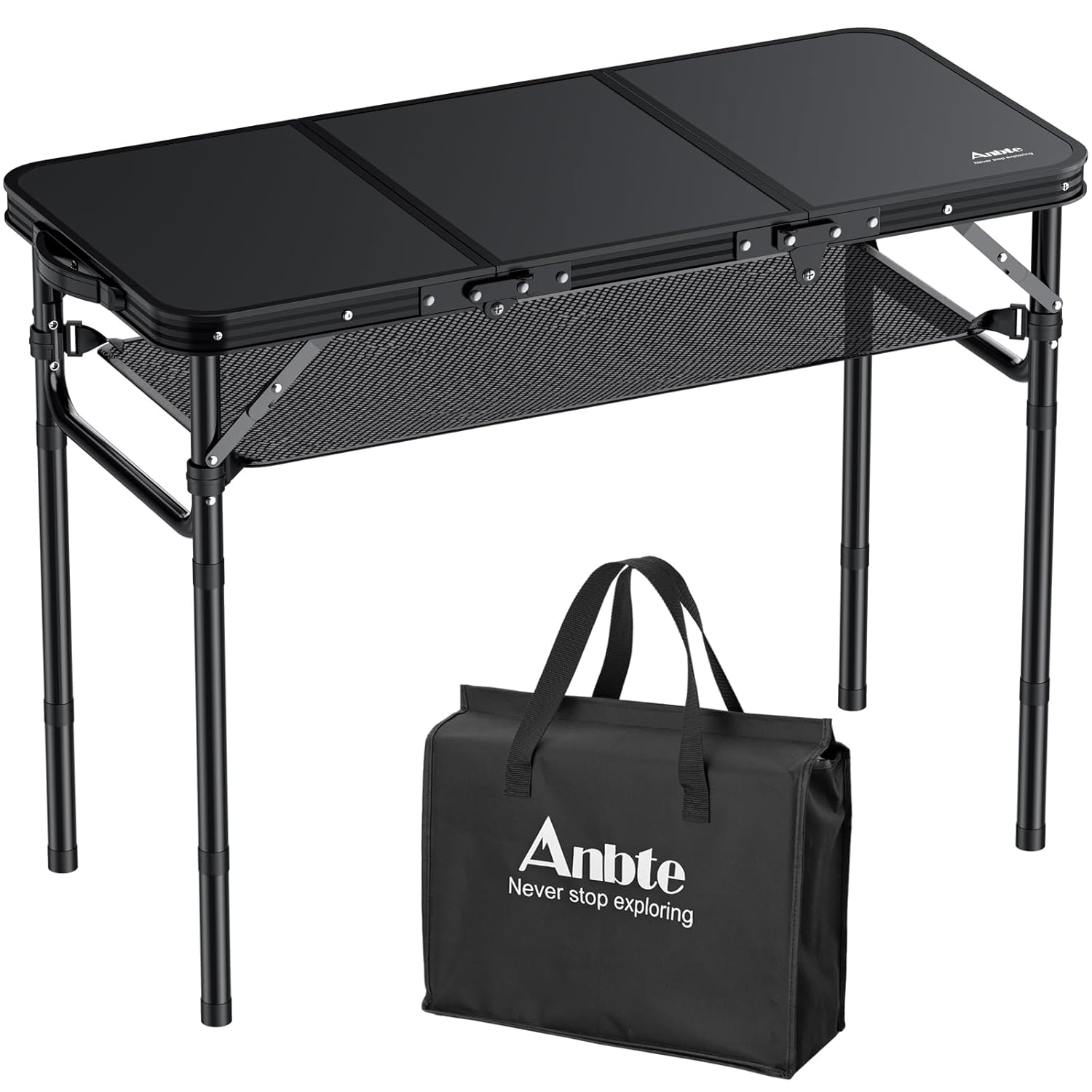 Black Aluminum Folding Camping Table with Adjustable Heights and Storage Net