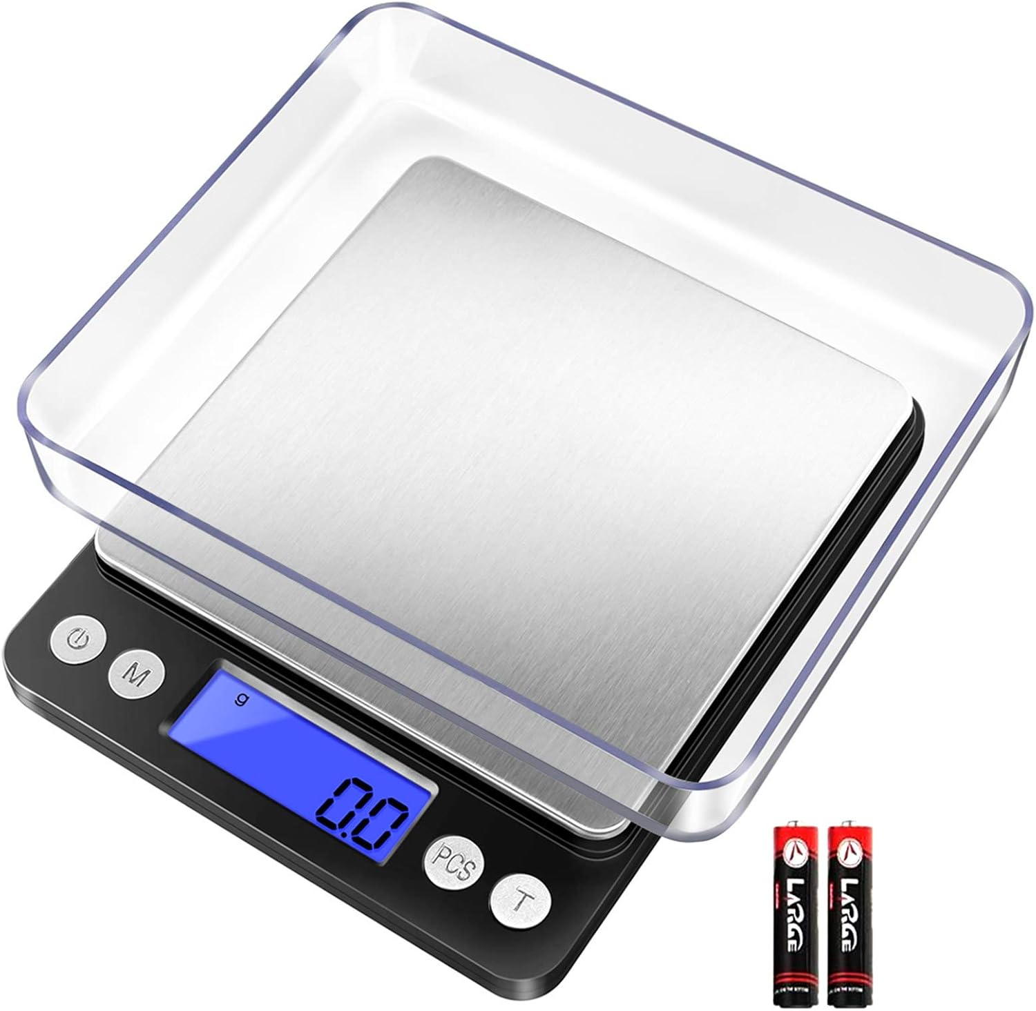 Digital Kitchen Scale 3000g / 0.1g ; Mini Pocket Jewelry Scale, Food Scale for Kitchen, 2 Trays, 6 Units, Auto Off, Tare, PCS Function, Stainless Steel, Batteries Included