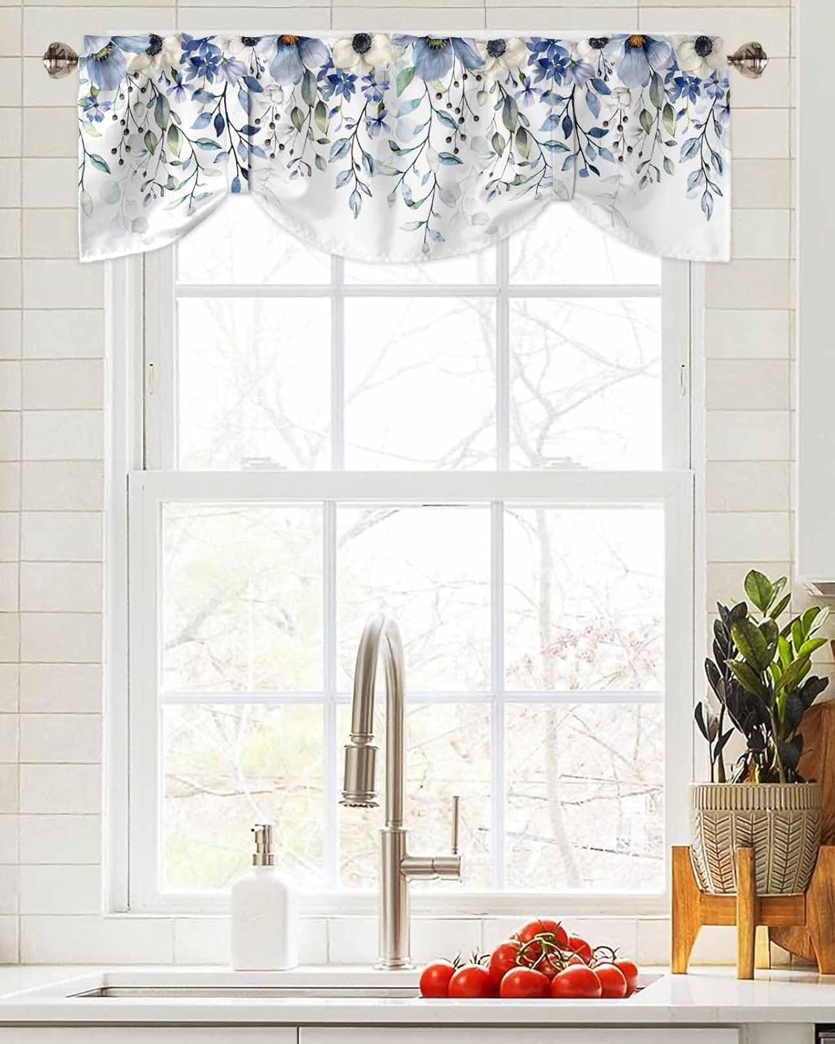 Blue Spring Floral Tie Up Valance Curtains for Windows, Summer Botanical Kitchen Curtains Window Treatments, Weeping Flower Short Window Shades Valances for Bedroom Bathroom Cafe 54"x18"
