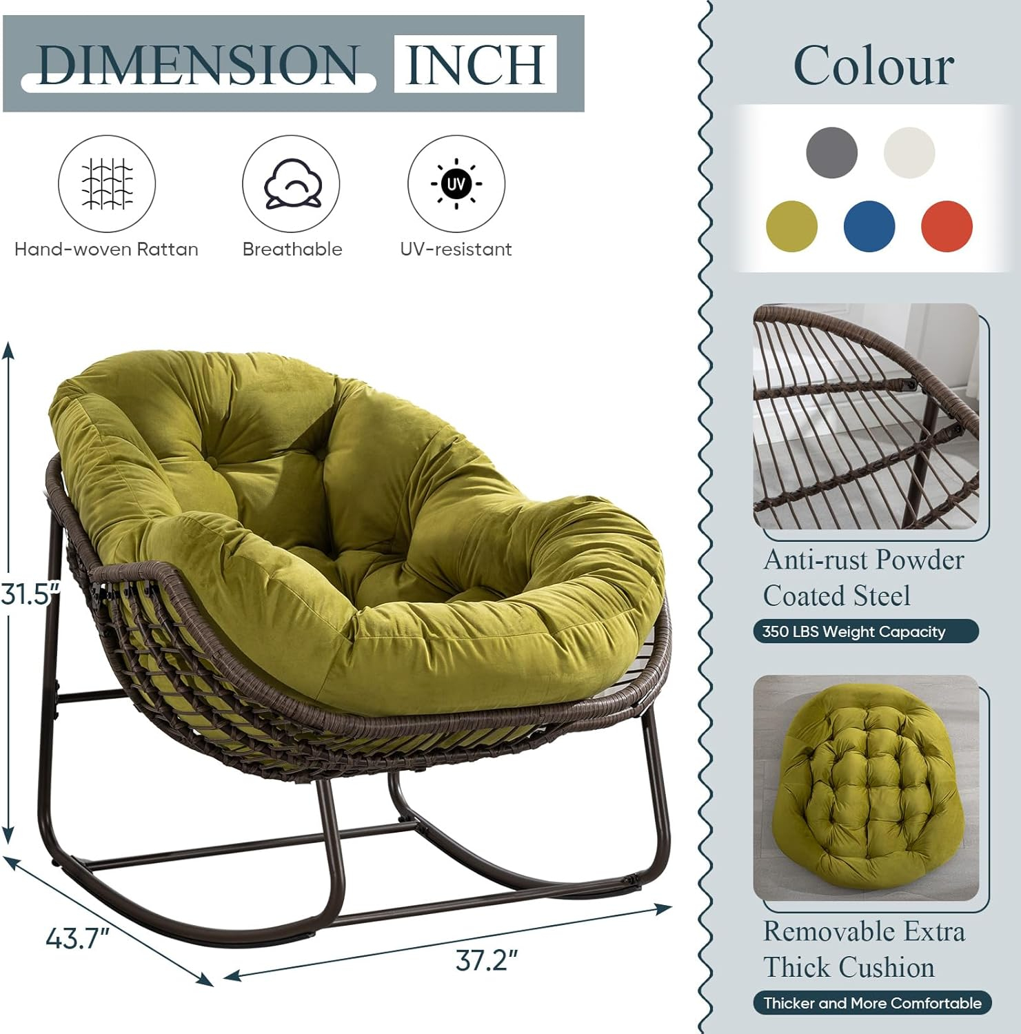 KINFFICT Outdoor Rocking Chair,Oversized Rattan Egg Chair,Indoor Outside Padded Cushion Rocker Recliner Chair,Modern Lounge Chair for Front Porch,Garden,Backyard,Balcony,Deck,Olive Green,Set of 1