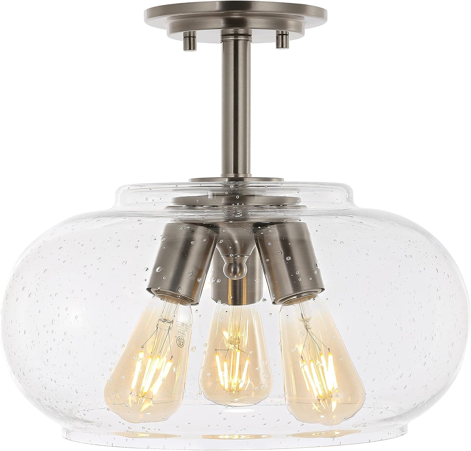Lina 13.75" 3-Light Modern Industrial Iron/Seeded Glass LED Semi Flush Mount, Nickel/Clear
