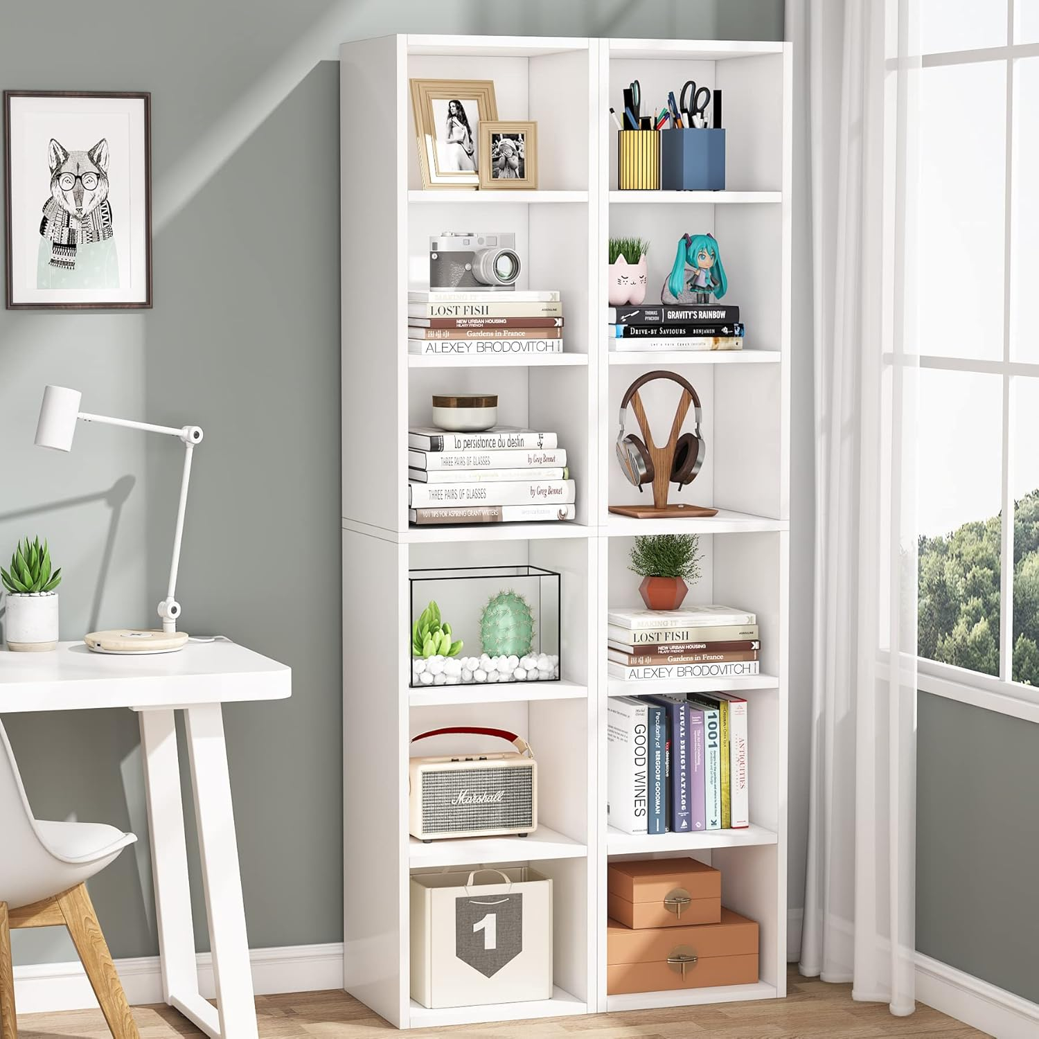 Modern White Tall Corner Bookcase with 6 Cube Shelves