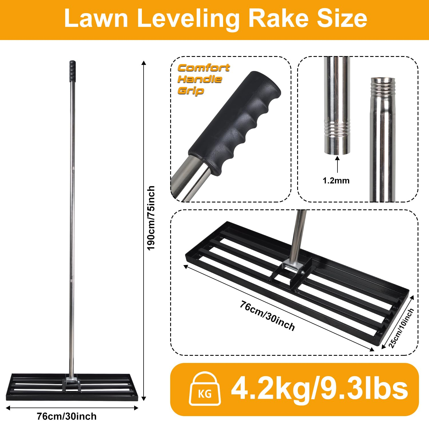 Heavy Duty Black Stainless Steel Lawn Leveling Rake with Adjustable Handle