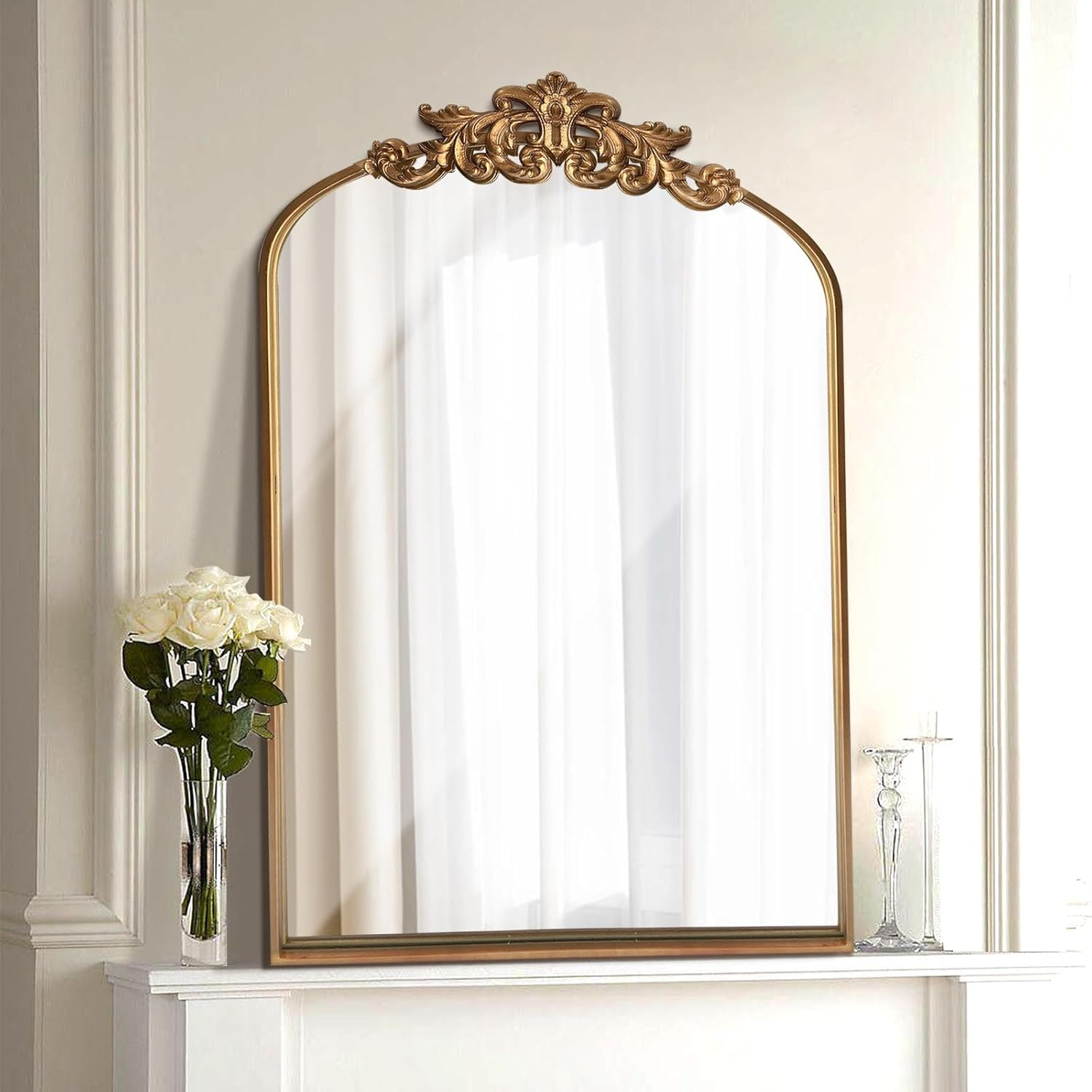 BohoBliss 24"X36" Gold Vintage Mirror for Wall, Antique Arch Mirror, Victorian Ornate Baroque Mirror for Wall, Mantel, Fireplace, Living Room, Hallway, Bathroom, Bedroom, Entryway