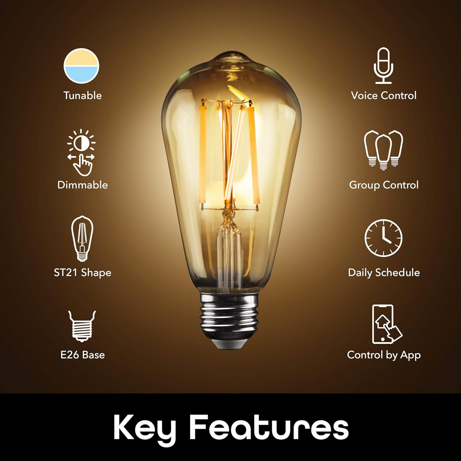 Geeni LUX ST21/E26 Edison Smart WiFi LED Bulb, 8W, Dimmable, Tunable White Light, 4-Pack