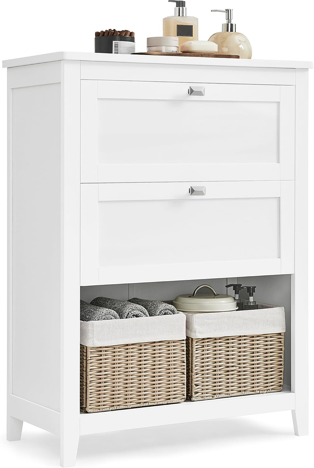 VASAGLE Storage Cabinet, Freestanding Floor Cabinet, 2 Drawers with 1 Set of Adjustable Divider, 2 Baskets, Sideboard, 11.8 x 23.6 x 31.5 Inches, for Bathroom, Living Room, Cloud White UBBC545W02