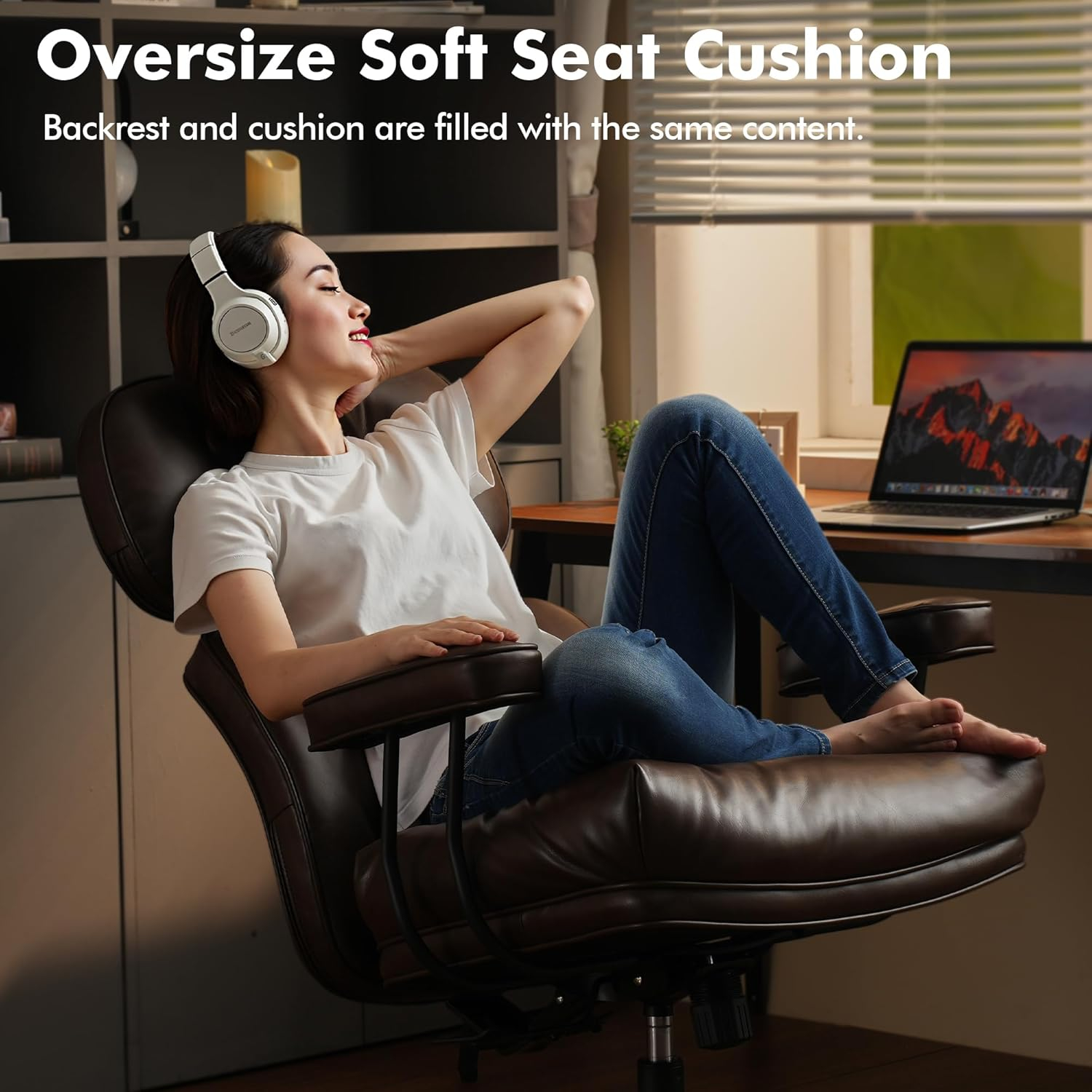 Kro PU Fabric Swivel Ergonomic Office Task Chair in Dark Brown with Recliner High Back Lumbar Support Adjustable Arms