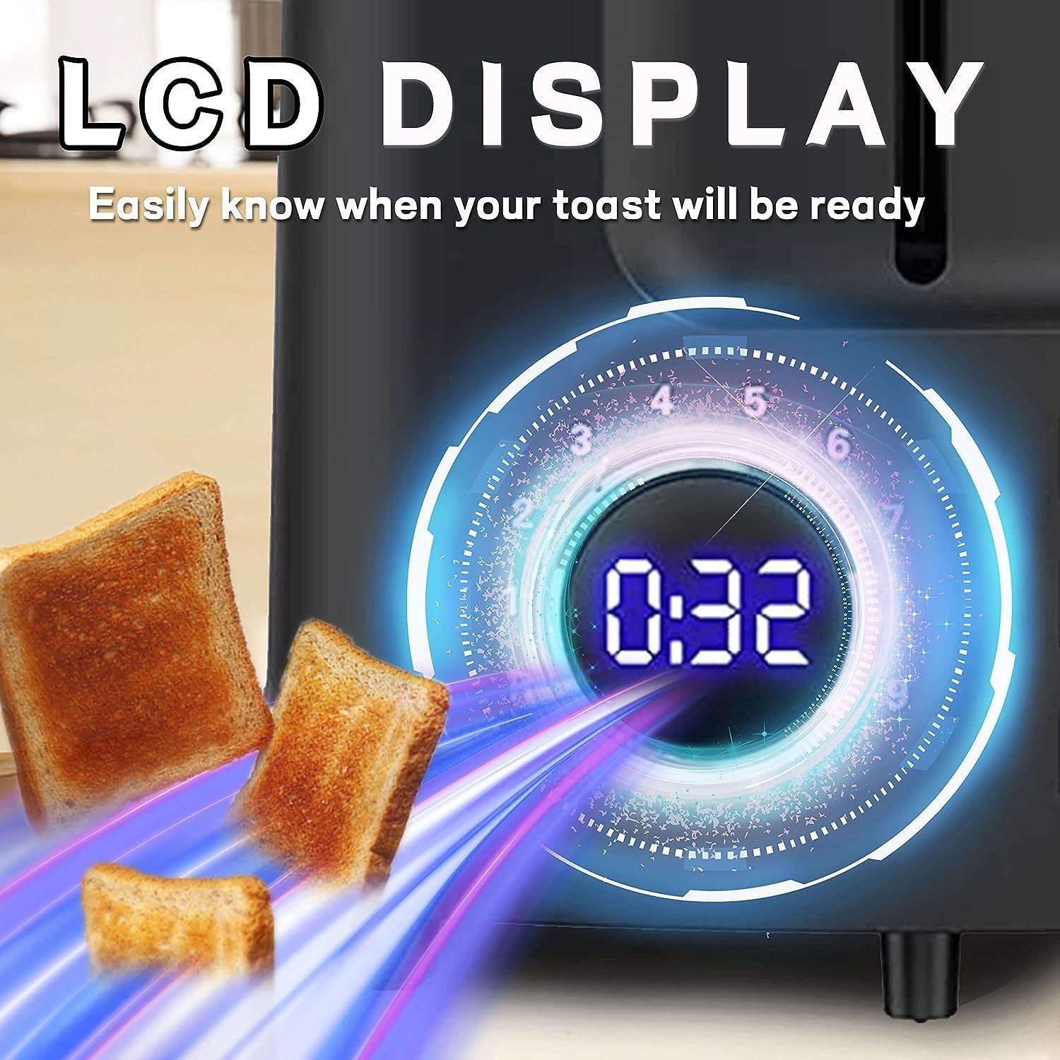 Smart Toaster 2 Slice Extra Wide Slot, Digital Countdown Timer, 9 Adjustable Browning Settings, Bagel Defrost Reheat Cancel Modes, Black LED Screen