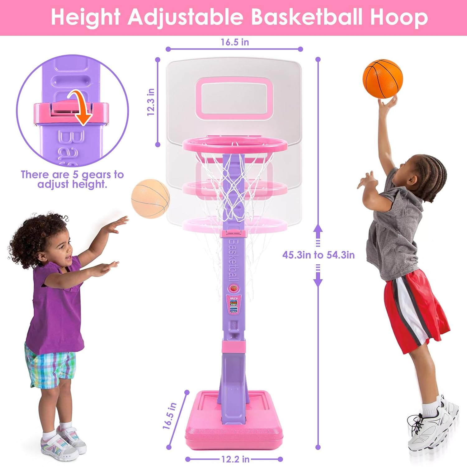 Toddler Little Girls Basketball Hoop Set with 4 Balls for Indoor Outdoor Age 1-3 2-4 3-5, Height Adjustable Basketball Goal for Kids Backyard Basketball Toys for 1 2 3 4 Year Old Girl Birthday Gifts