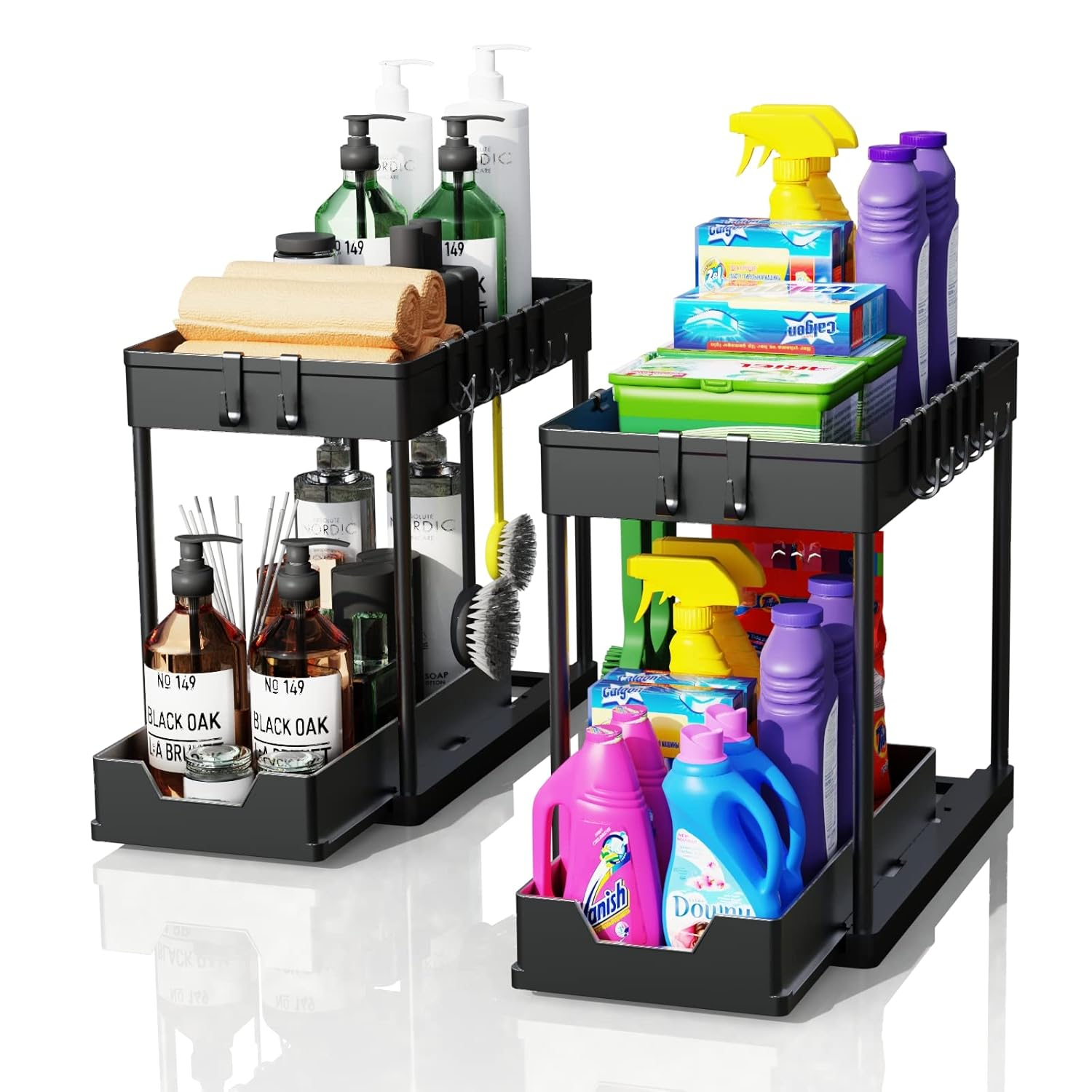 2 Pack Under Sink Organizers and Storage, 2-Tier Sliding Cabinet Basket Organizer with Hooks, Multi-Purpose Under Sink Organizers and Storage for Bathroom Kitchen
