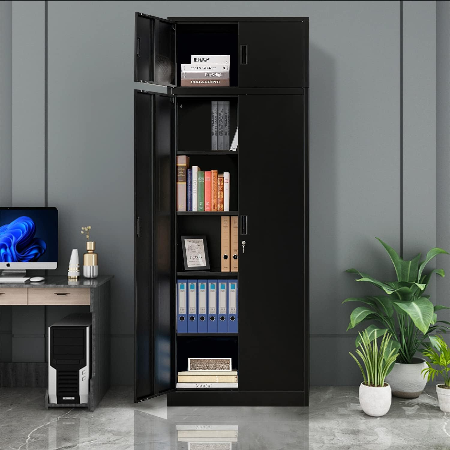 Metal Storage Cabinet, Locking Cabinet with 5 Adjustable Shelves for Garage, Office, Home, Classroom- Black