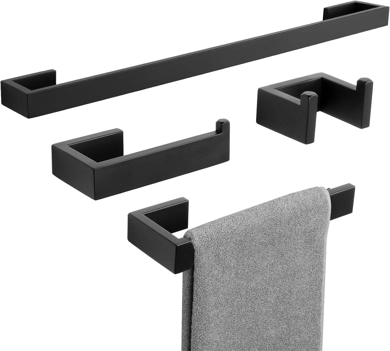 TNOMS 4 Pieces Bathroom Hardware Accessories Set Black Towel Bar Towel Holder Robe Hook Toilet Paper Holder Stainless Steel,Q8-P4BK