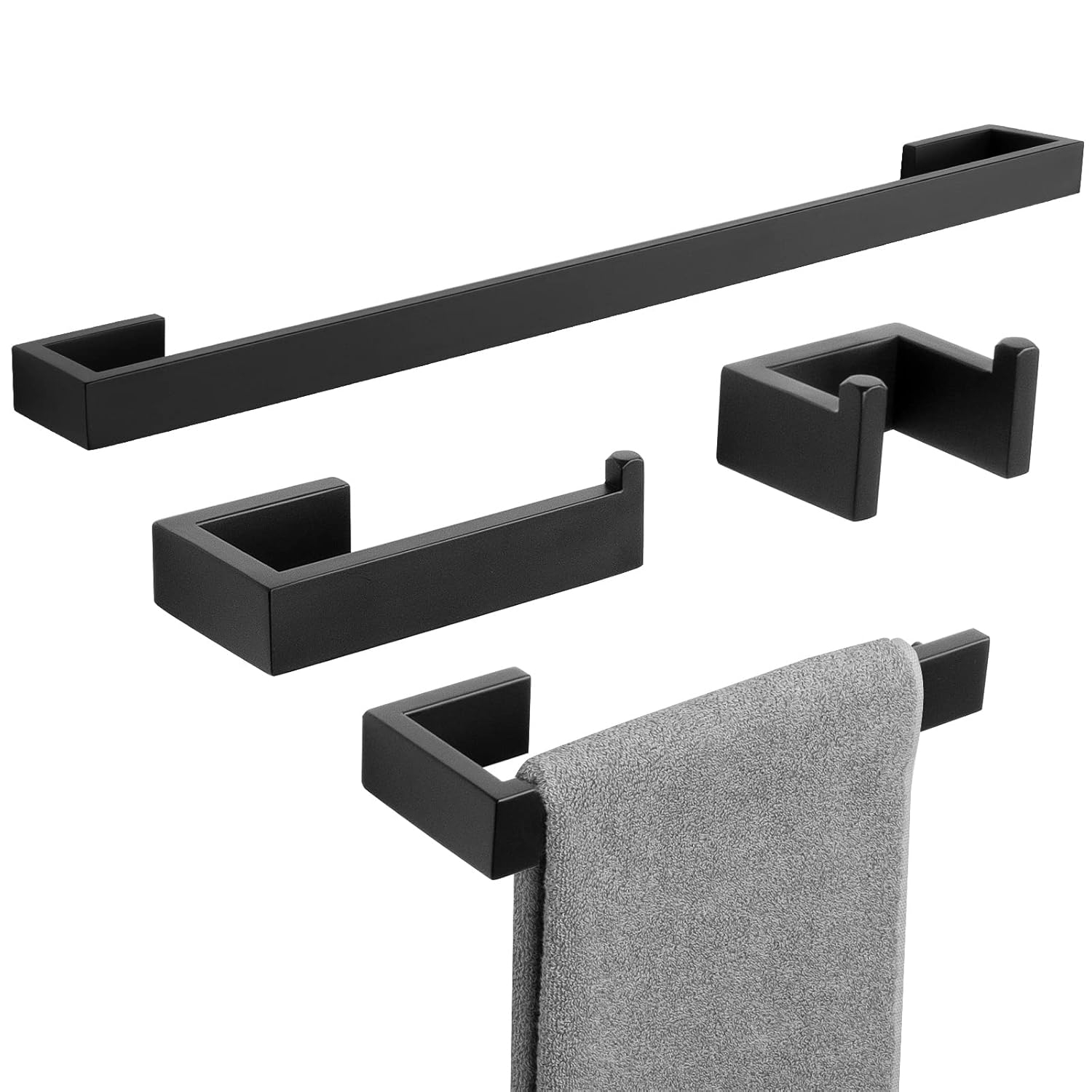 TNOMS 4 Pieces Bathroom Hardware Accessories Set Black Towel Bar Towel Holder Robe Hook Toilet Paper Holder Stainless Steel,Q8-P4BK