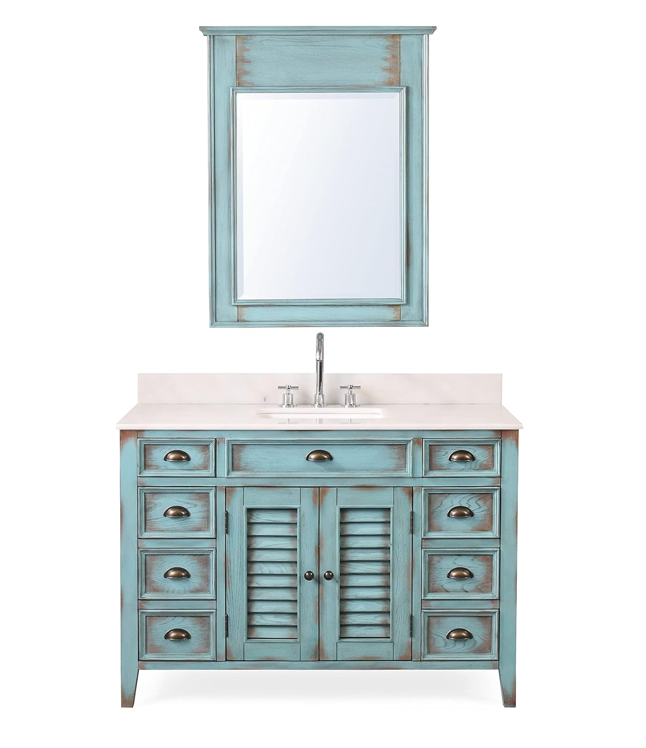 46 Inch Abbeville Distressed Blue Finish Cottage Plantation Style Bathroom Vanity with White Marble Stone Top, 4 Functional Drawers, Undermount Sink, Hardware Included