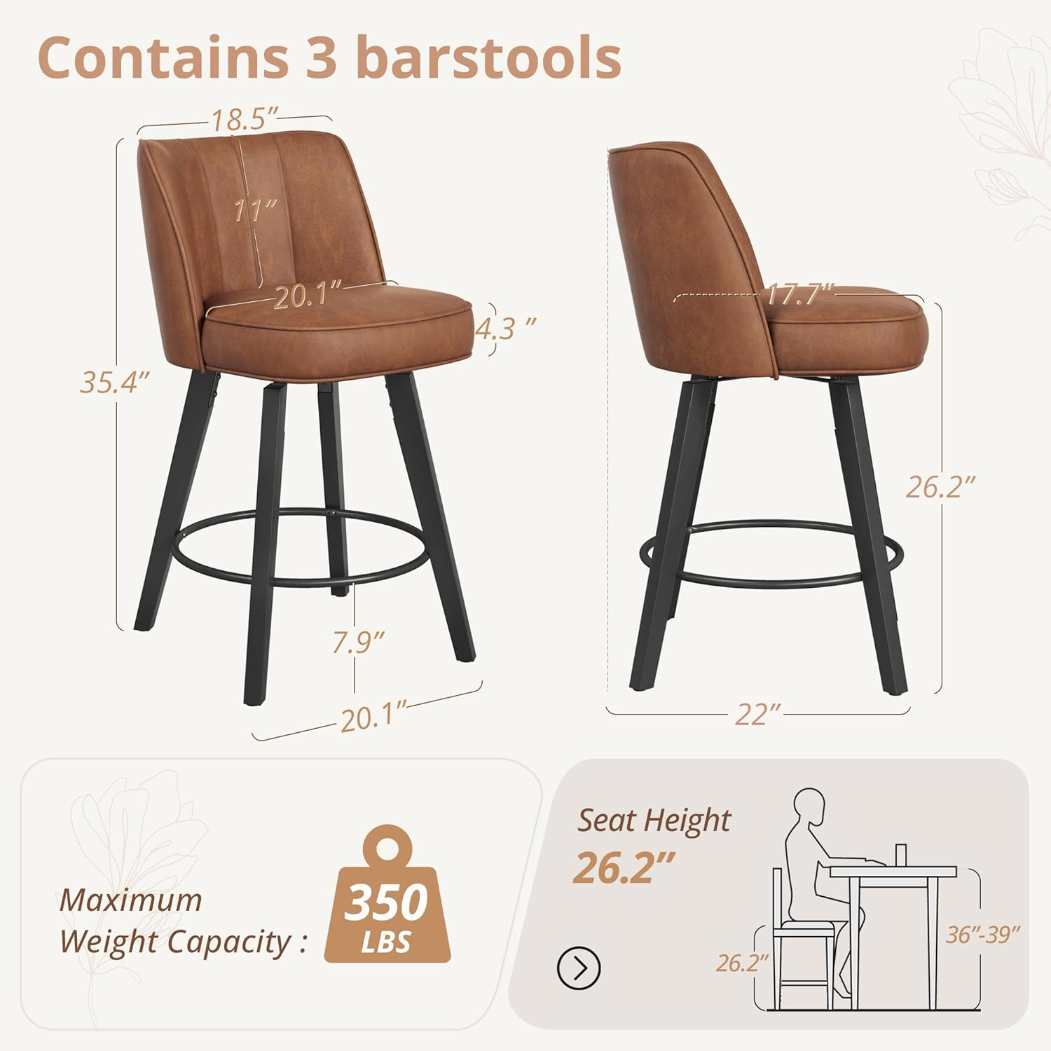 LUE BONA 360-degree Swivel Bar Stools Set of 3, 26" Counter Height Bar Stools with High Back and Wood Legs, Morden Faux Leather Upholstered Barstools for Kitchen Counter
