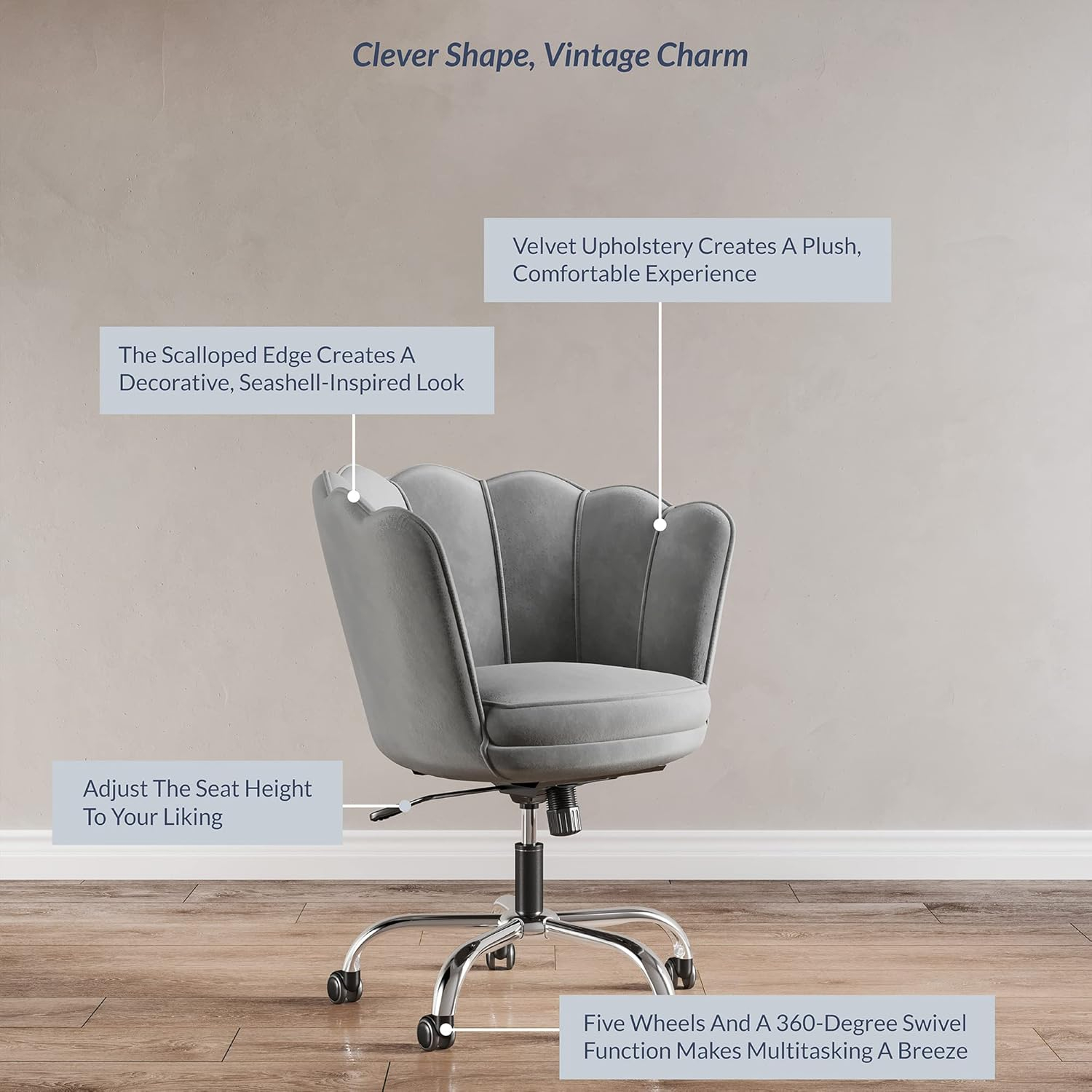 BELLEZE Kaylee Office Chair Upholstered Velvet Seashell Swivel Desk Chair Task Chair Height Adjustable, Gray