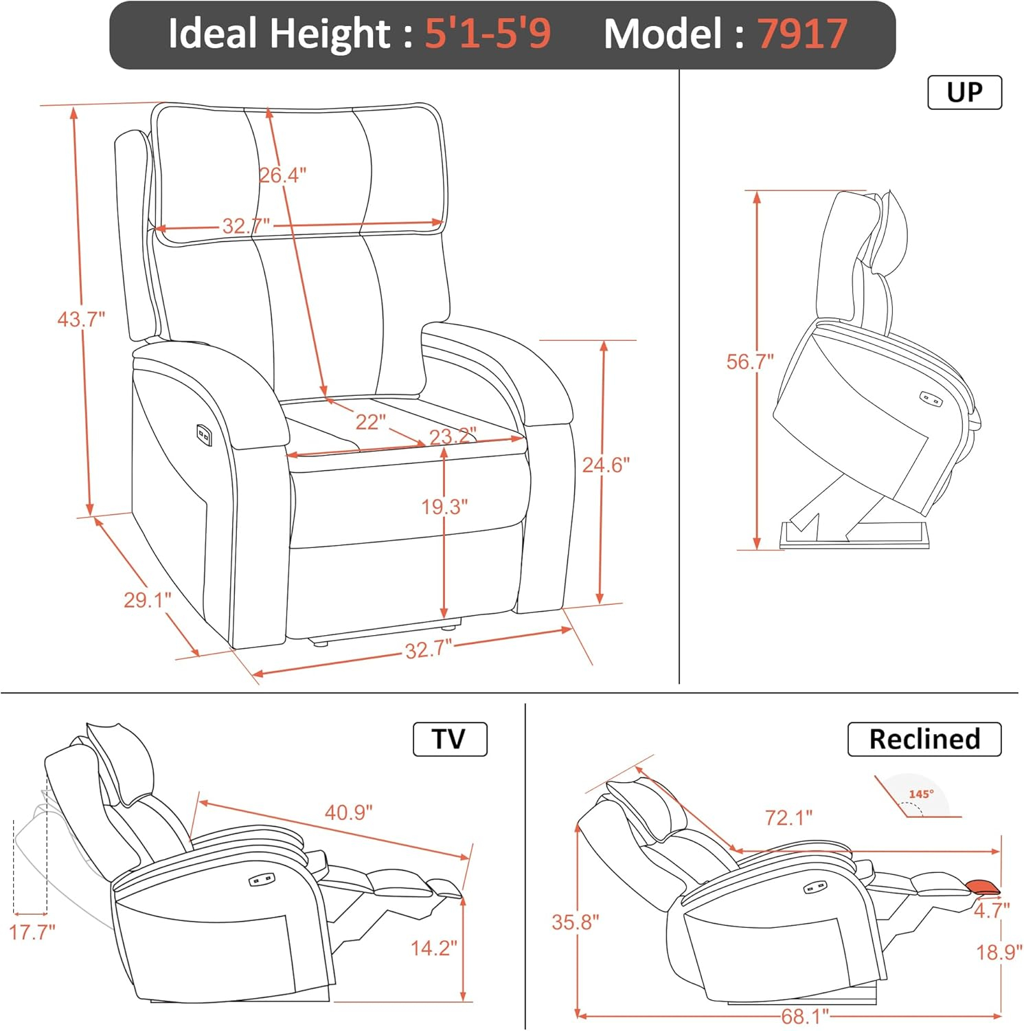 MCombo Power Lift Recliner Chair Sofa with Massage and Heat, Adjustable Headrest for Elderly People, Solid Wood Armrest, USB Ports, Side Pockets, Breathable Leather 7917 (Tawny, Medium)