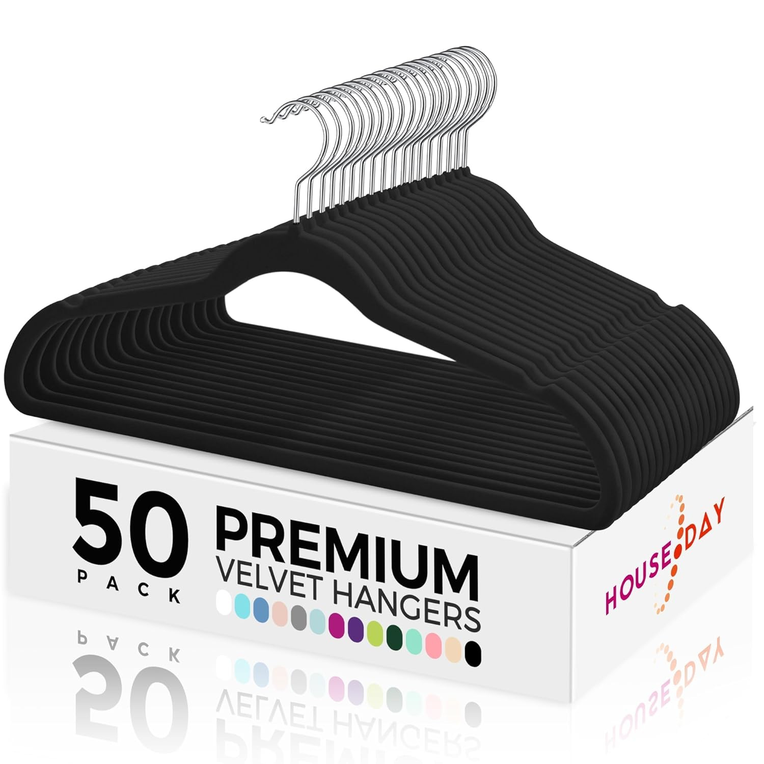 HOUSE DAY Premium Velvet Hangers 50 Pack Black, Non-Slip Flocked Felt Hangers, Sturdy Clothes Hangers with 360° Rotatable Hook, Heavy Duty Coat Hanger, Durable Slim Hanger for Closet Space Saving