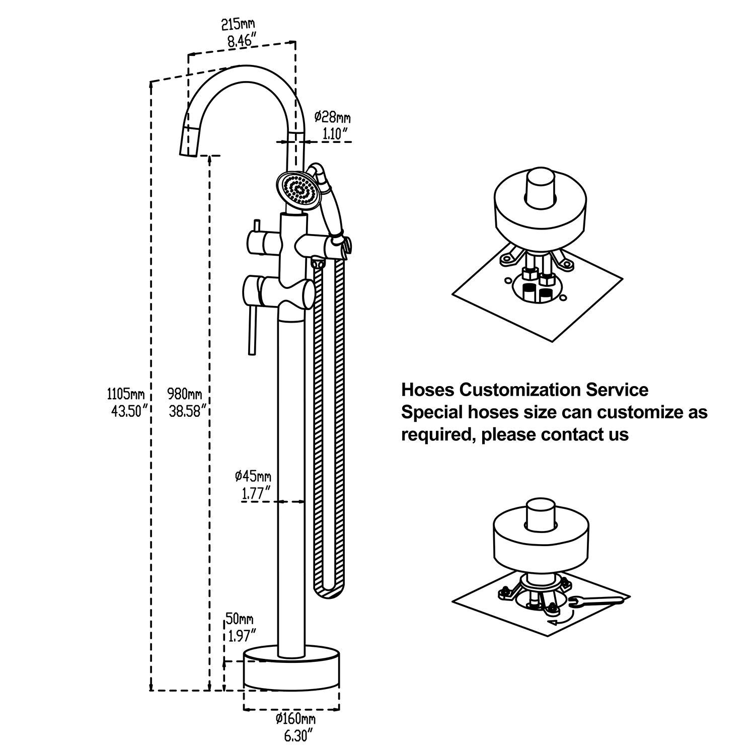 Tub Filler Freestanding Bathtub Faucet Black Floor Mounted Brass Bathroom Tub Faucets with Hand Shower