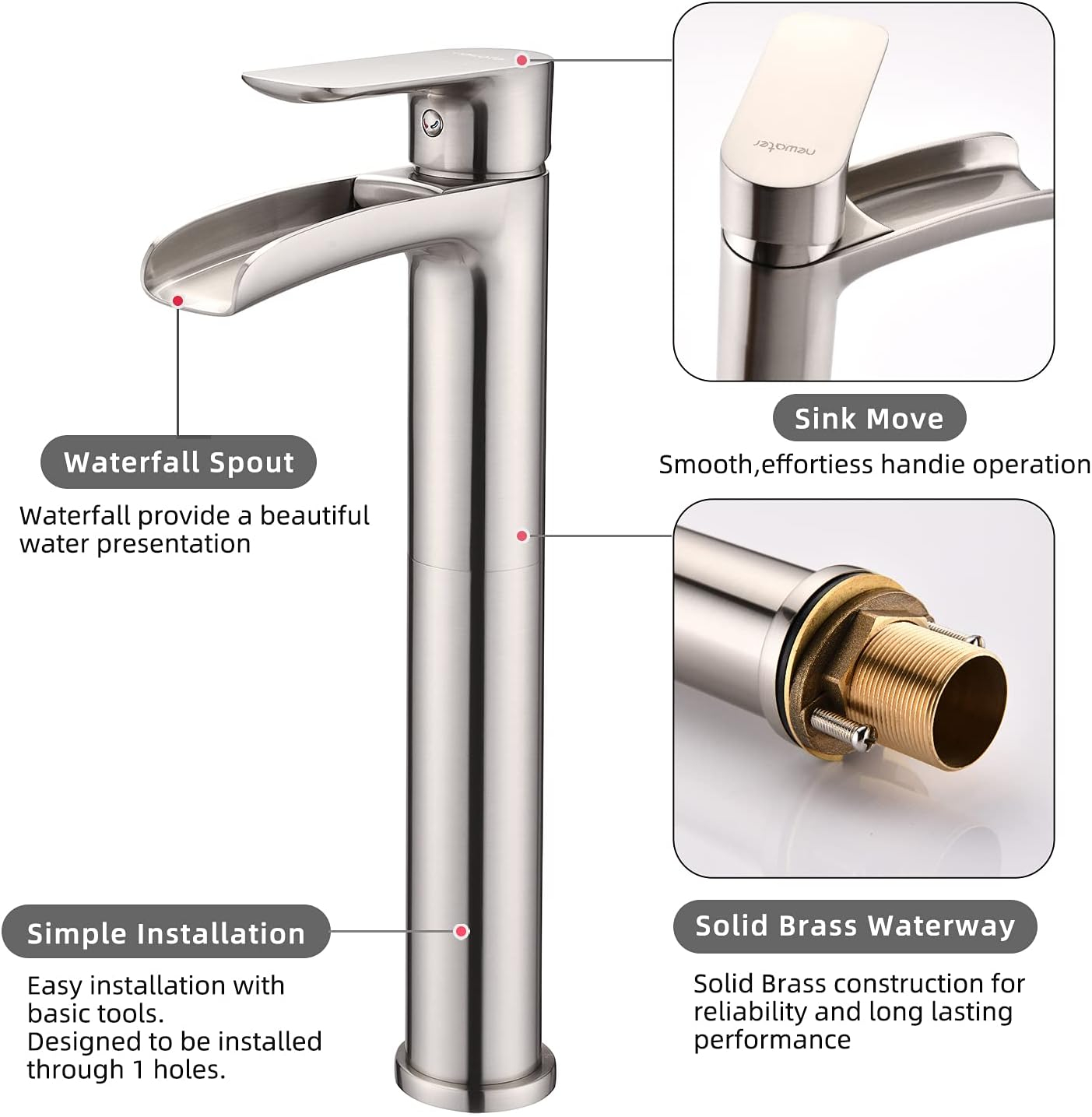 NEWATER Matte Black Tall Bathroom Vessel Sink Faucet, Single Hole Single Handle Waterfall Modern Bathroom Faucet, Vanity Faucet with Water Supply Line