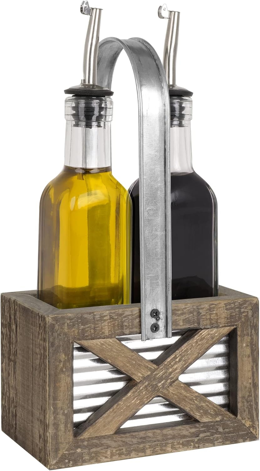 Autumn Alley Rustic Farmhouse Oil and Vinegar Dispenser Set with Galvanized Holder – Farmhouse Kitchen Decor