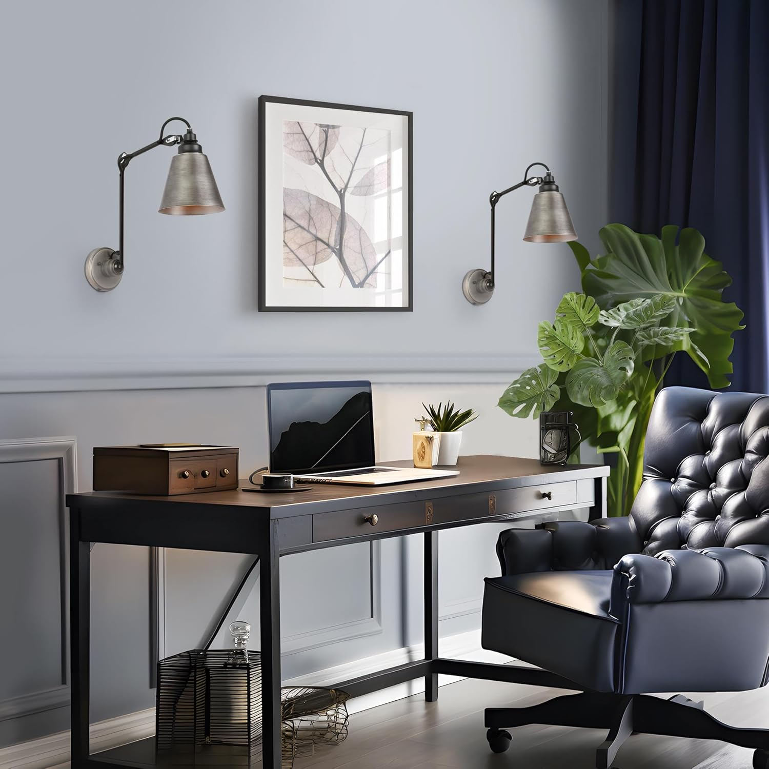 LALUZ Swing Arm Wall Sconce Set of 2, Modern Farmhouse Sconce Wall Lighting Vintage Adjustable Wall Mounted Lights with Black Silver Finish