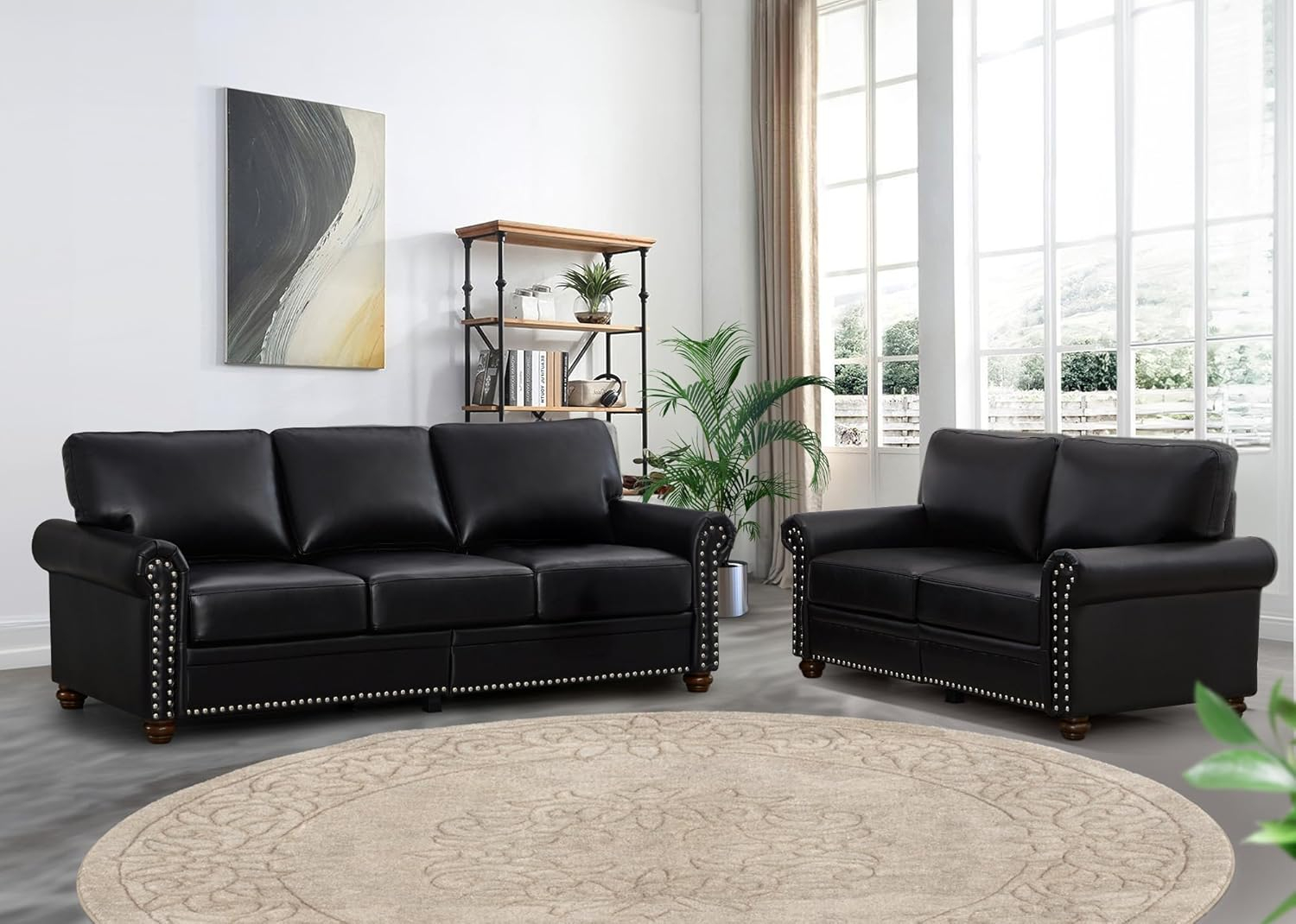 2 Piece Faux Leather Sofa Set,Modern Couch and Loveseat Sets with Storage,Mid Century Couch with Rivet Rolled Arm,Comfy Deep Seat Sofa,Furniture for Living Room,Office(Loveseat+3 Seater,Black)