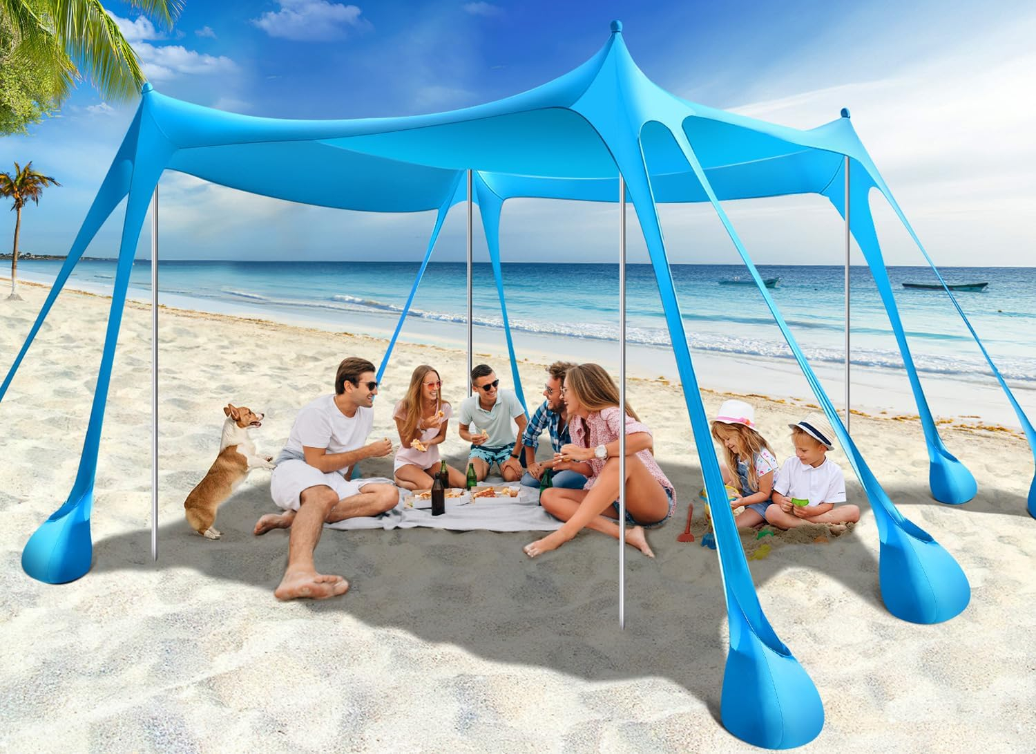Rhino Valley Beach Tent Shade Canopy UPF50+ Protection, 8 Sandbags, 4 Stability Poles, Outdoor Sun Shelter Umbrella for Sand, Camping, Fishing Essentials