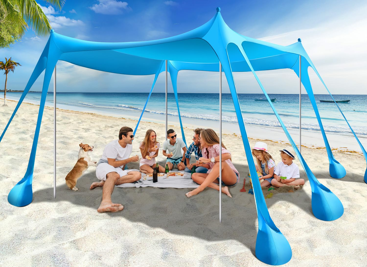 Rhino Valley Beach Tent Shade Canopy UPF50+ Protection, 8 Sandbags, 4 Stability Poles, Outdoor Sun Shelter Umbrella for Sand, Camping, Fishing Essentials