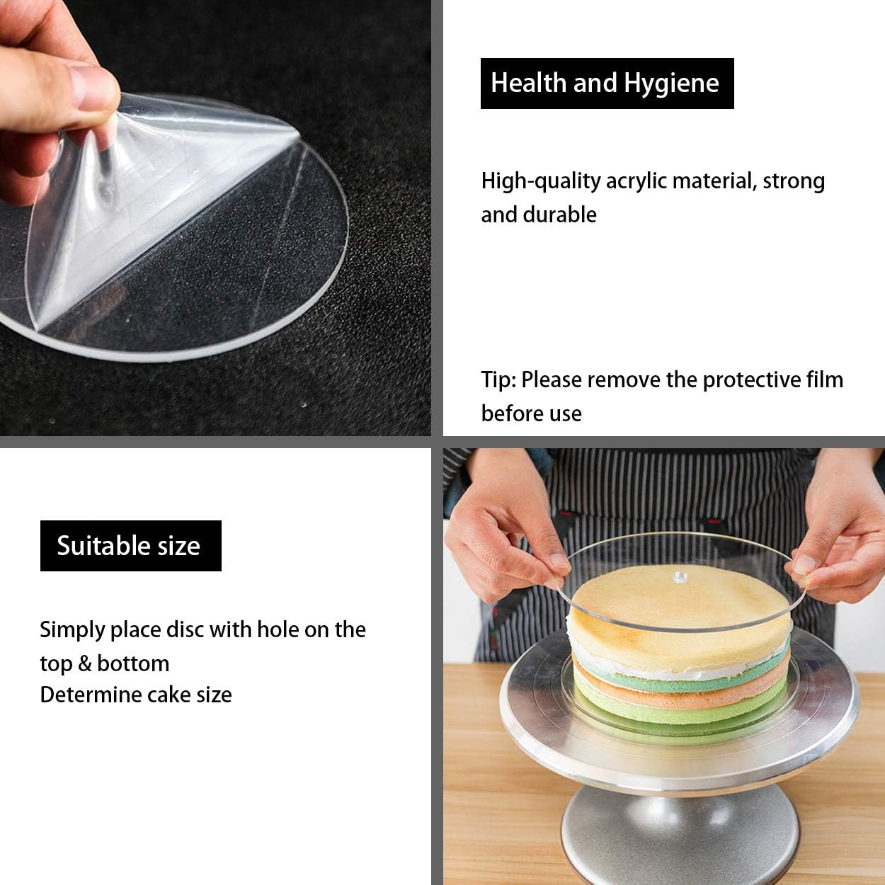 Acrylic Cake Discs Set - Round Buttercream Cake Decorating Tools with 6 Acrylic Discs(2 Each of 6.5”, 8.5”, 10.5"), 2 Icing Scraper and 3 Center Dowel - for Serving Bake Goods
