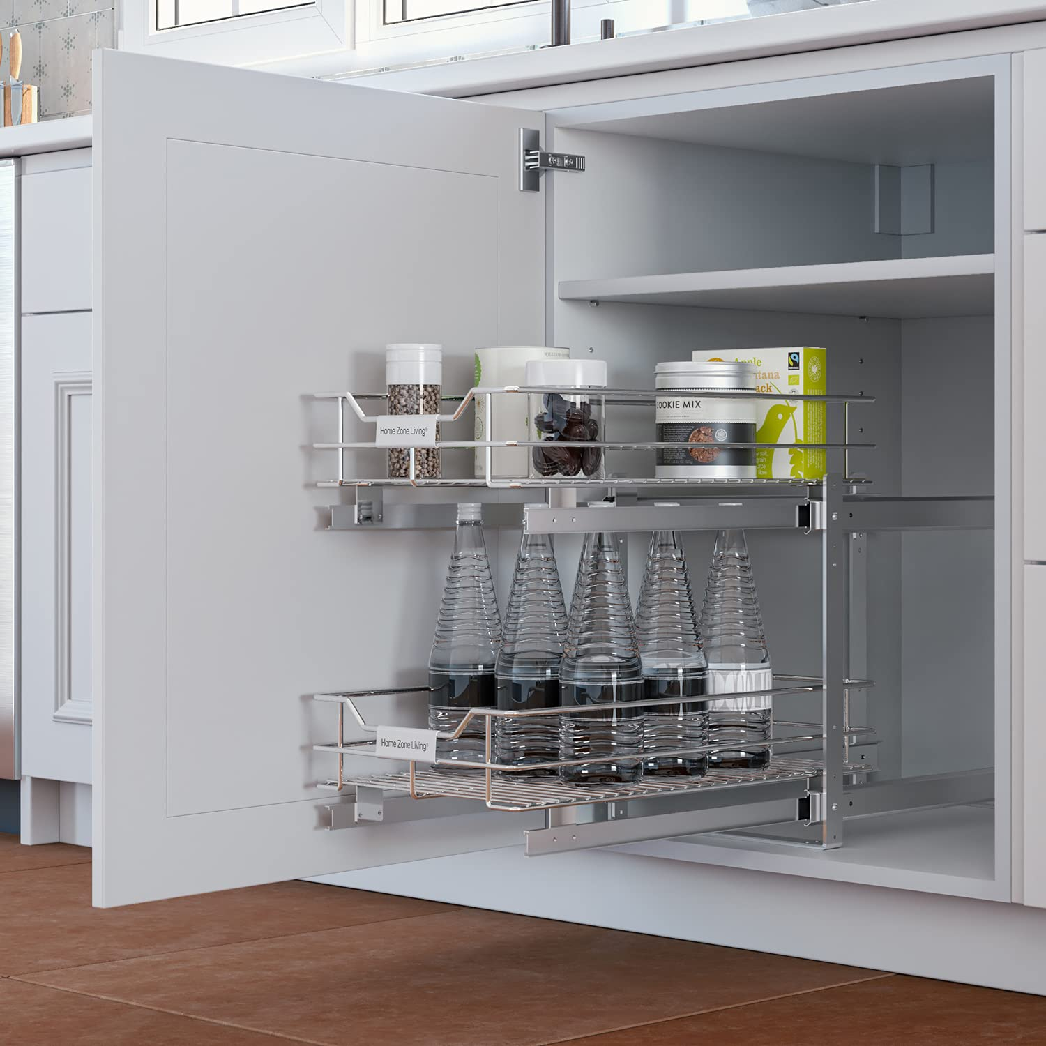 Home Zone Living 11” Width x 20” Depth 2 Shelves Pull Out Storage Organizer, Silver