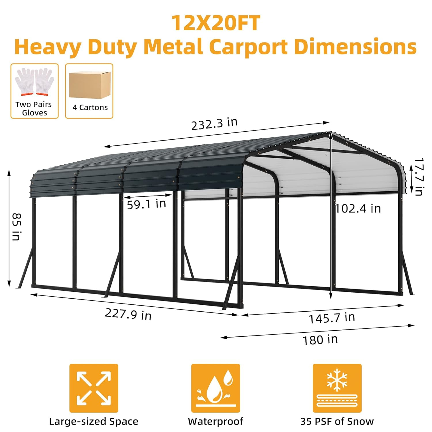 12' x 20' Heavy Duty Metal Carport with Galvanized Steel Roof, Metal Roof Carport with Enhanced Base, Tall Metal Carport Kits Garage for Tractors, Pickup, Boat, Car