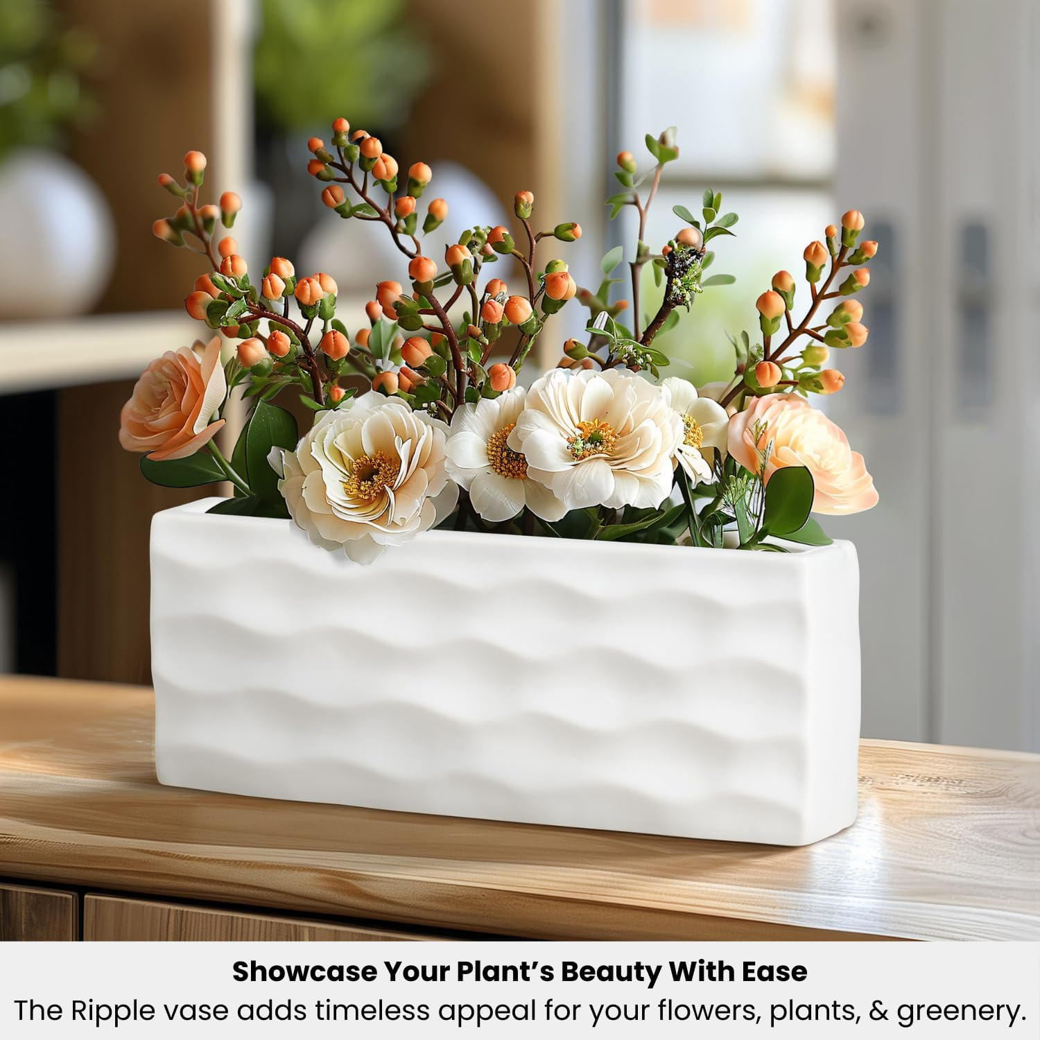 Elegant Glossy White Ceramic Rectangular Vase for Faux or Fresh Bouquets