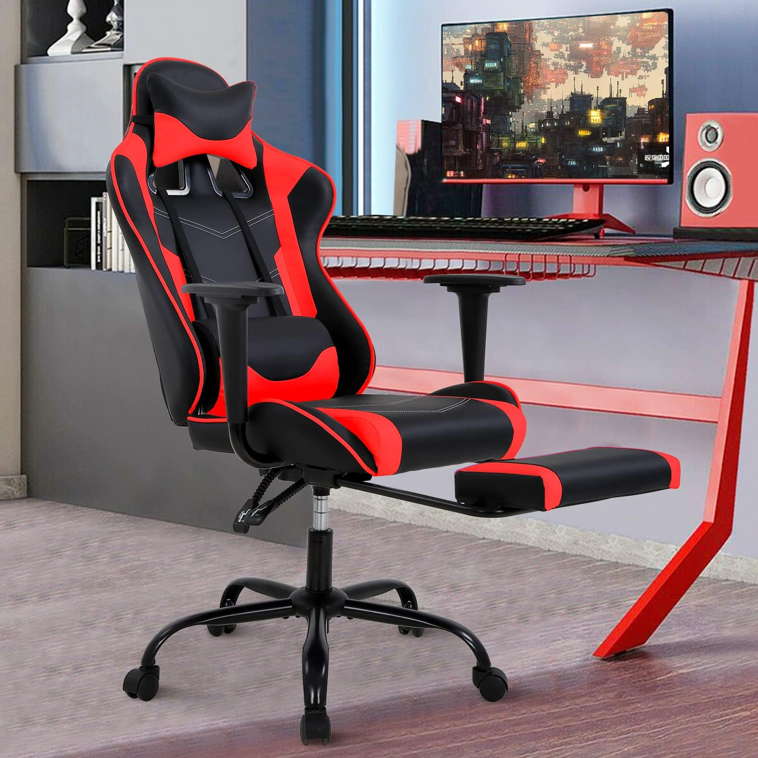 Gaming Chair Racing Office Computer Game Chair Ergonomic Desk Chair with Headrest Lumbar Support, High Back Gamer Office Chair Recliner Video Game Chairs for Kids or Adults,Red