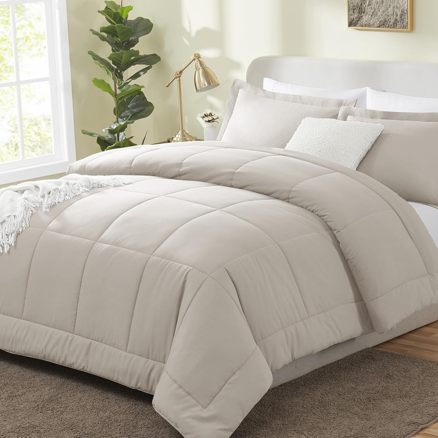 CozyLux Queen Size Comforter Sets - Beige Comforter Queen Size, 3 Pieces Box Stitched Soft Lightweight Bed Set, All Season Bedding Sets with 1 Down Alternative Comforter and 2 Pillow Shams