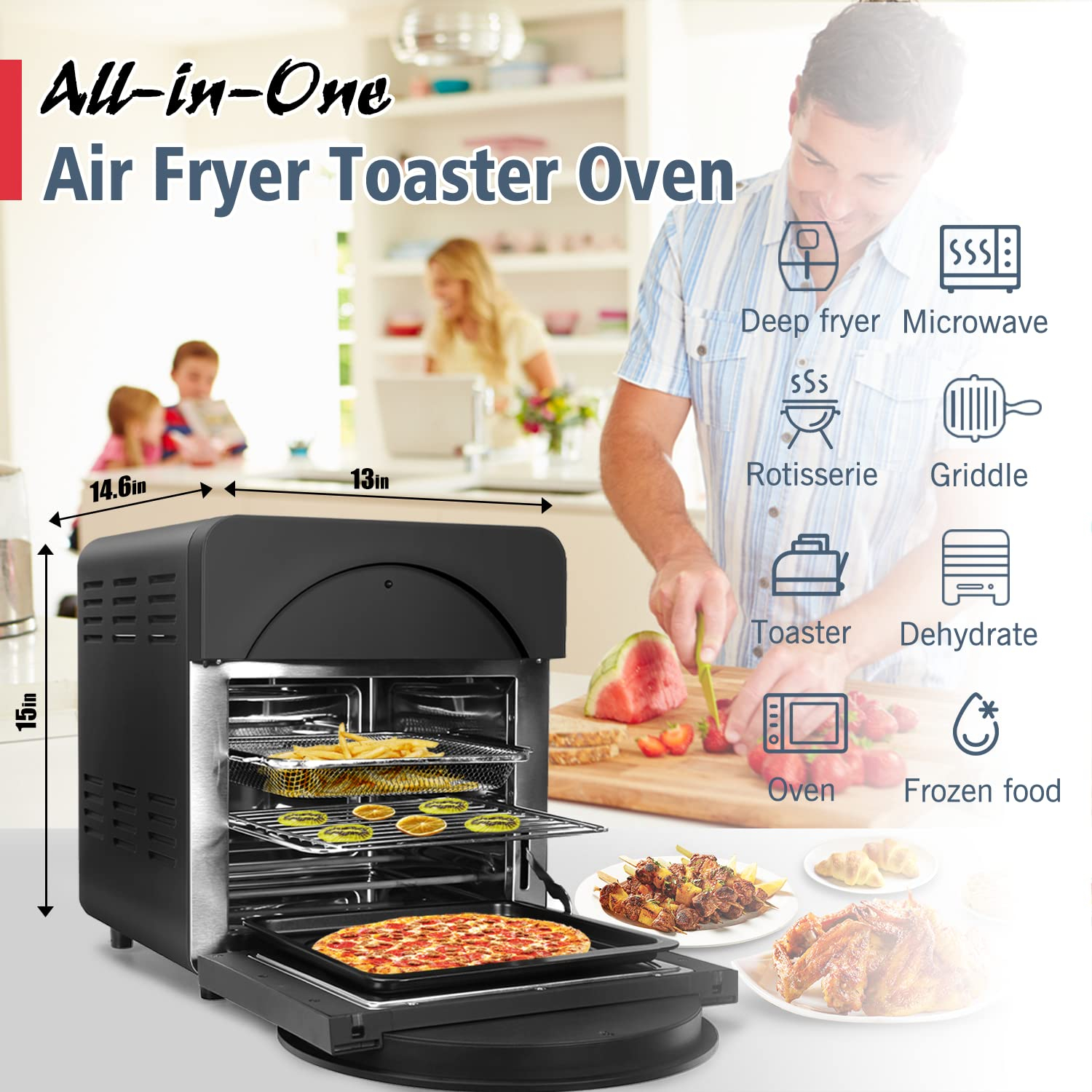 CUSIMAX Air Fryer Toaster Oven, 15.5 Quart Air Fryer Combo, 16-in-1 Air Fryer Toaster Oven, Large Convection Roaster with Rotisserie & Dehydrator, Rich Accessories, Digital Controls,Black