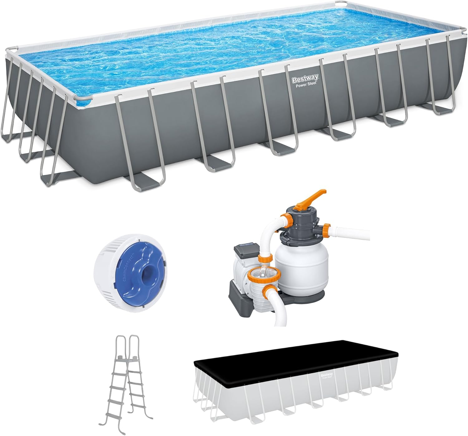Bestway 24-ft x 12-ft x 52-in Metal frame Rectangle Above-Ground Pool with Filter Pump with Pool Cover with Ladder