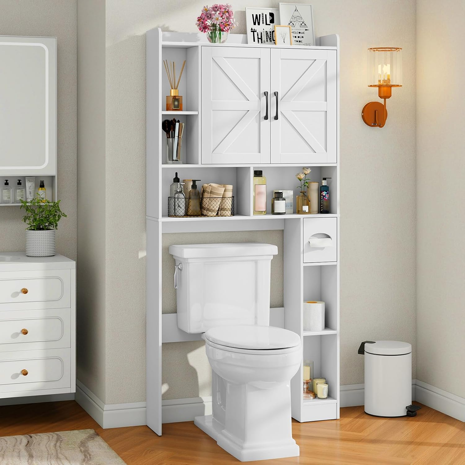 Over The Toilet Storage Cabinet, Farmhouse Storage Cabinet Over Toilet with Sliding Barn Door & Toilet Paper Holder Stand，Home Space-Saving Toilet Rack, for Bathroom, Restroom, Laundry（White）
