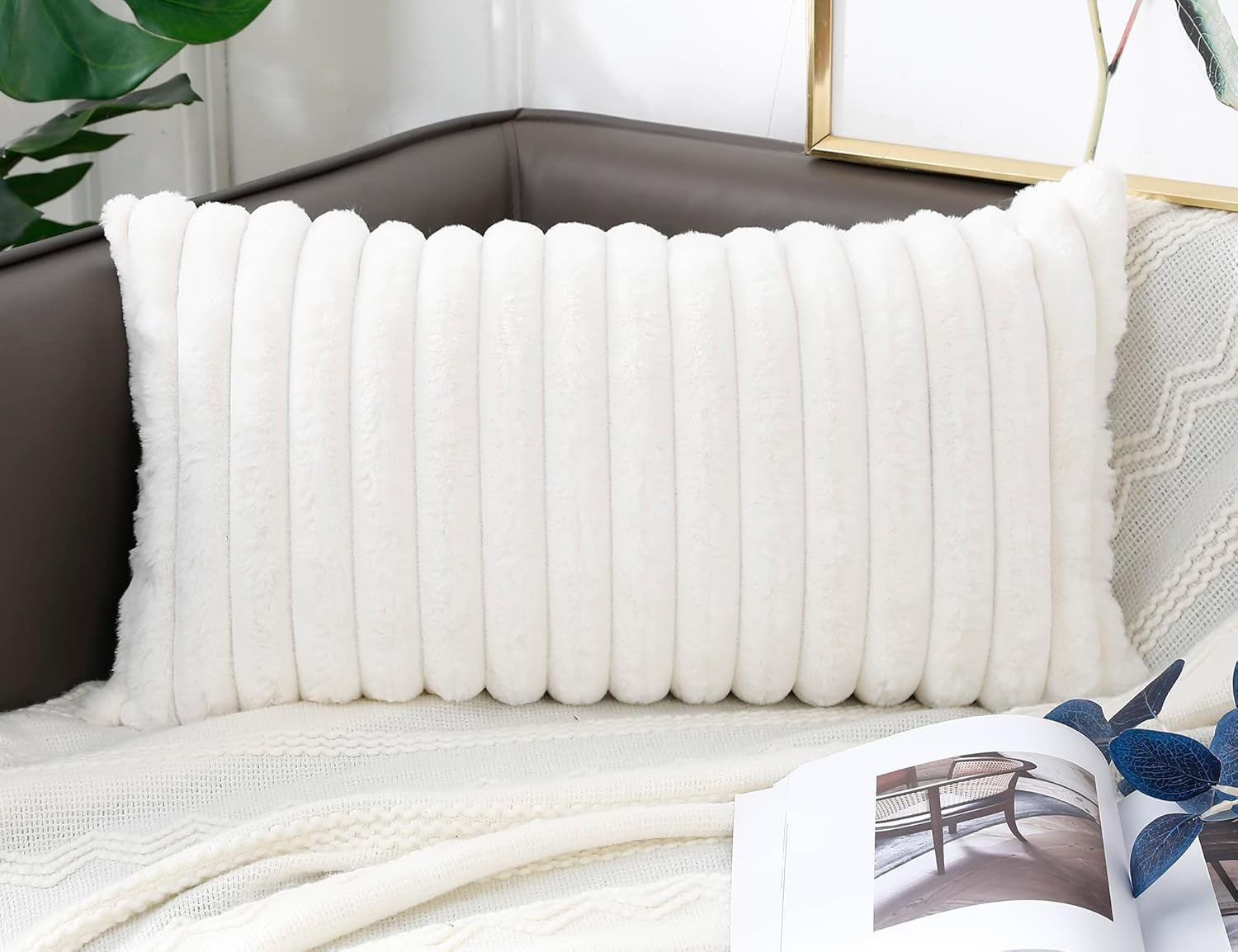 PANOD Faux Fur Decorative Lumbar Throw Pillow Covers 12 x 24,Long Boho Lumbar Pillow Covers Pillow Case Cushion Case for Bed Sofa Farmhouse Livingroom,White