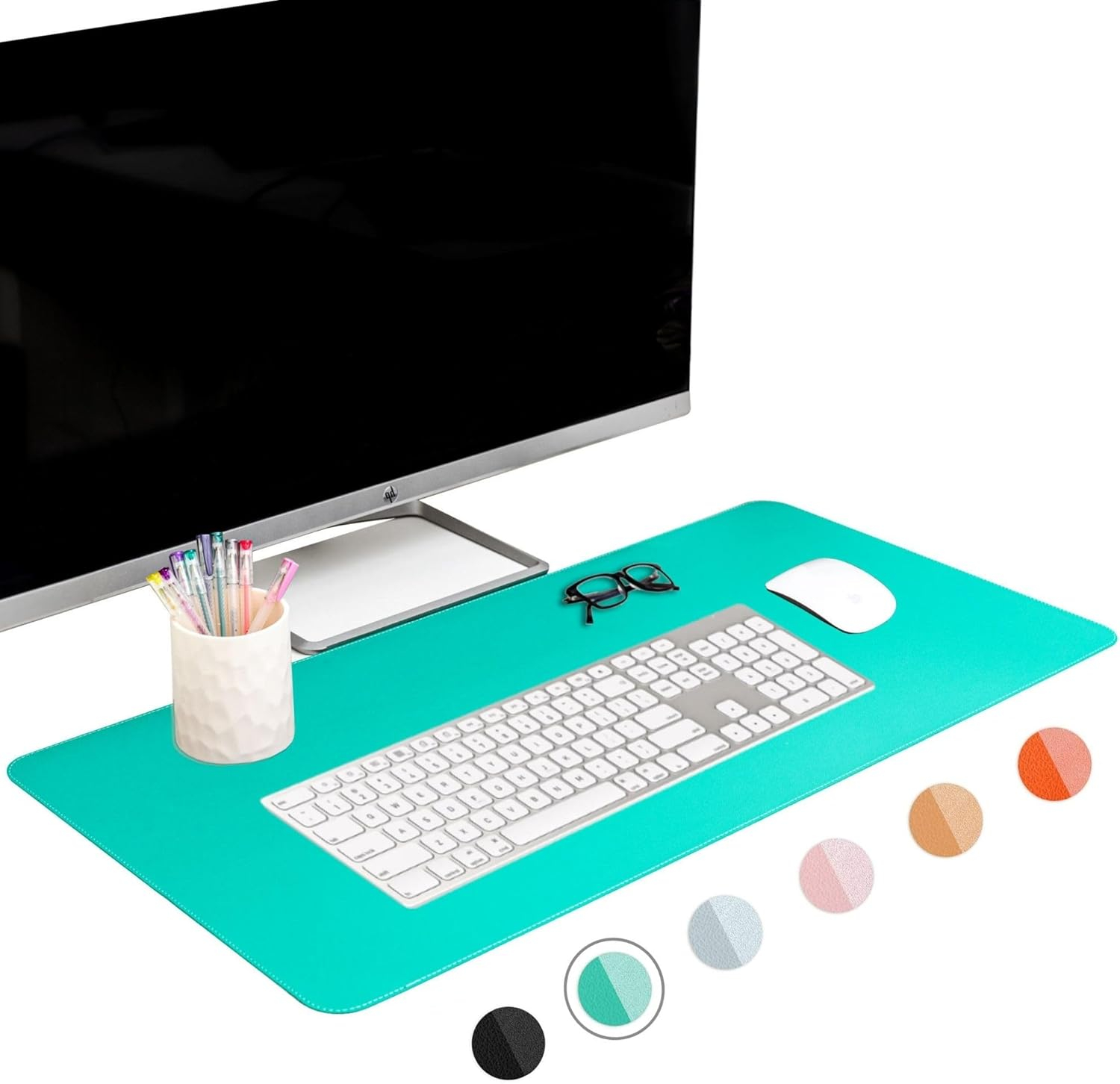 FTC PU Leather Desk Pad and Blotter, Non-Slip Flannelette Base, Stitched, Mouse and Writing Mat - 31.5” x 15.75” Turquoise