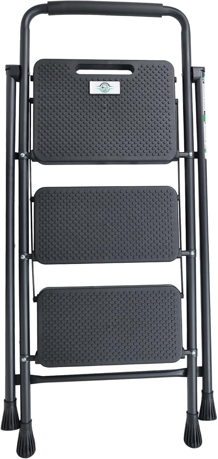 Folding Step Stool with Wide Anti-Slip Pedal, ​330​lbs Sturdy Steel Ladder, 3-Step