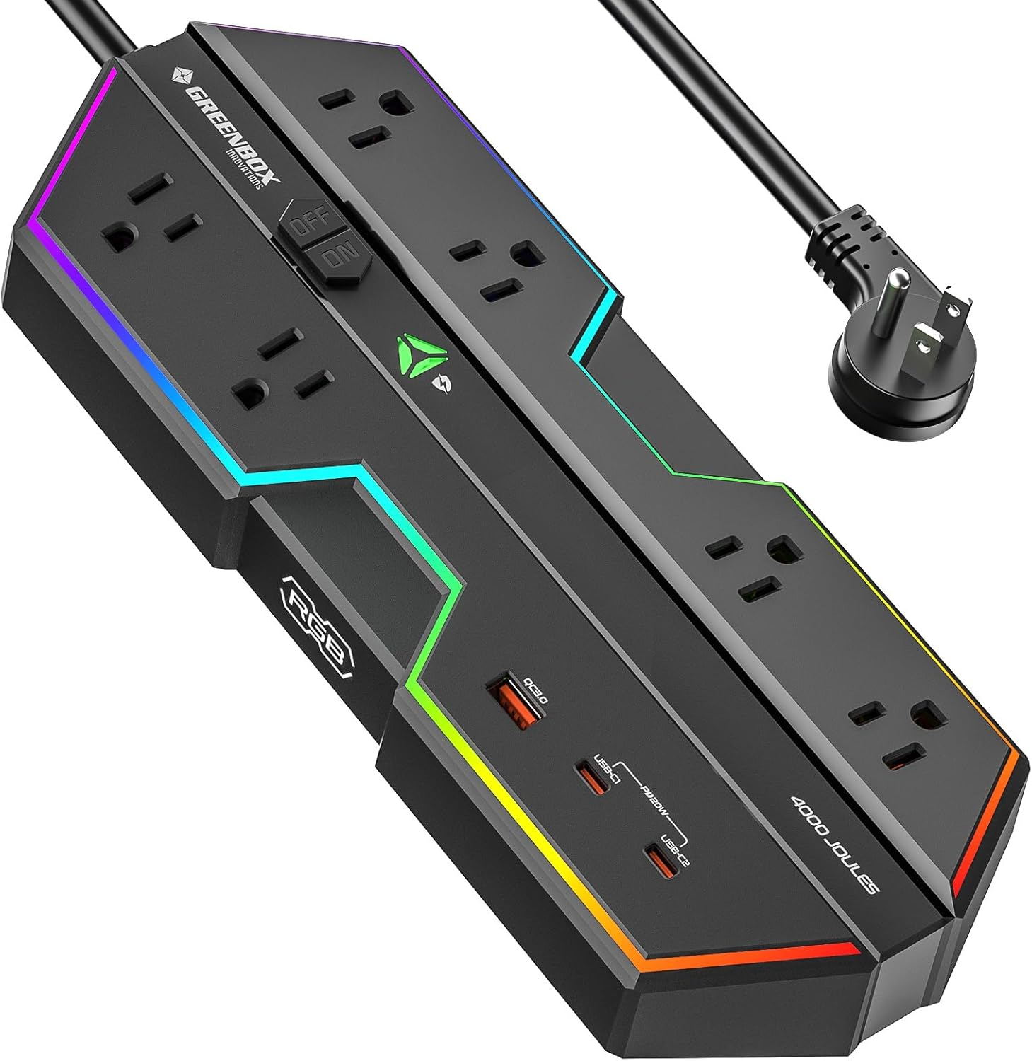 Black RGB Gaming Power Strip with USB Ports and Surge Protection