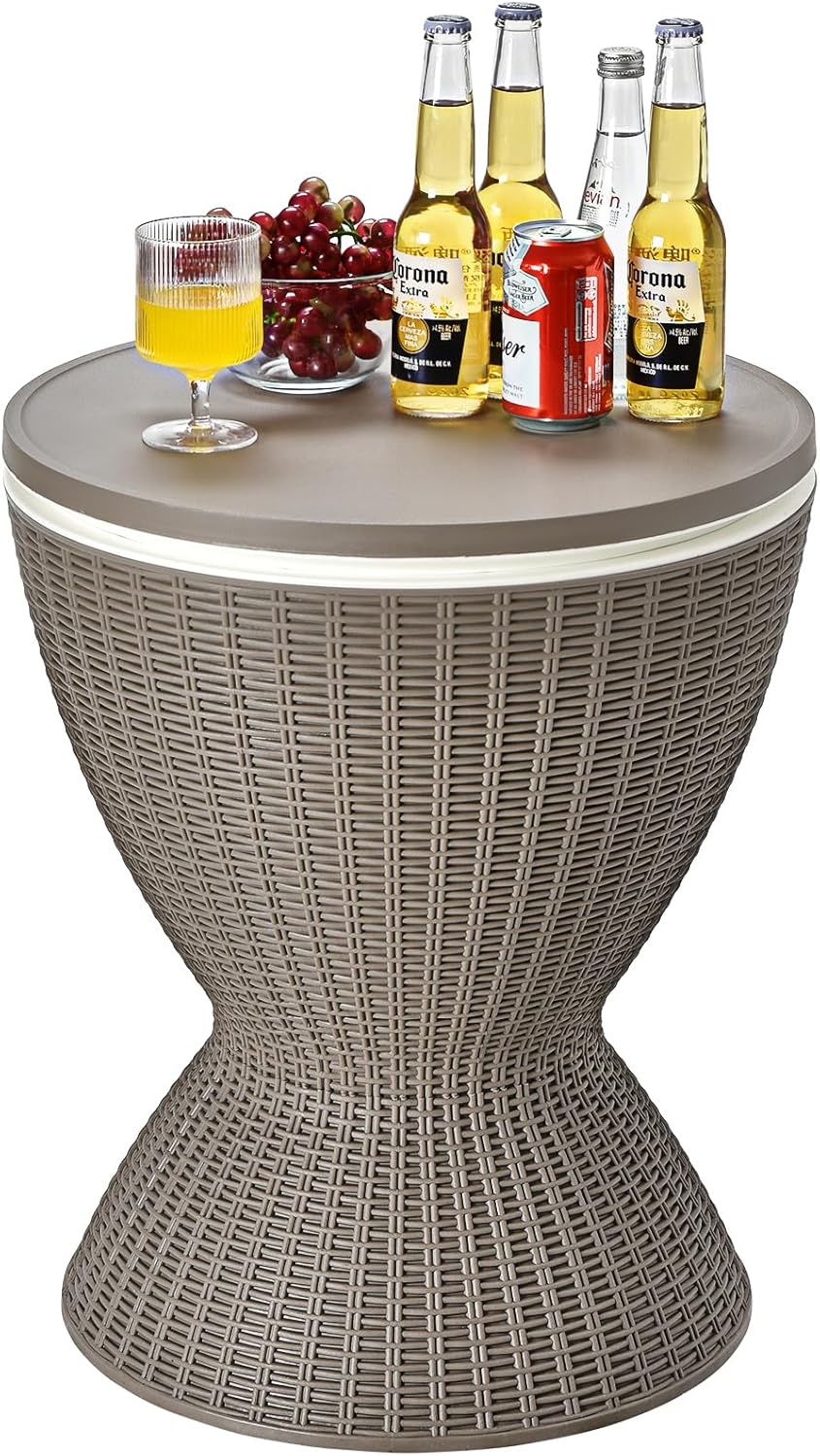 Topcobe 3 in 1 8 Gallon Patio Rattan Cooler Bar Table with Adjust Ice Bucket, Outdoor Patio Furniture for Balcony Garden Backyard -Brown