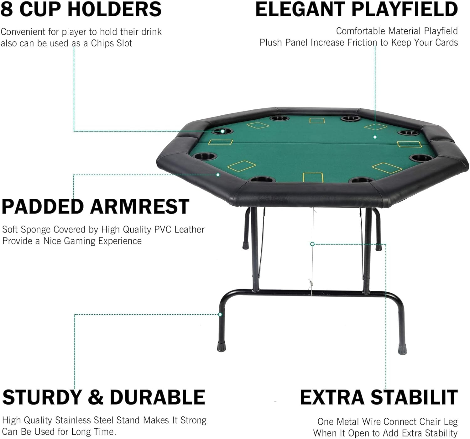 Poker Table Folding Casino Poker Table Texas Hold’em Poker Table Foldable, Felt Top Board Game Table with Plastic Cup Holders