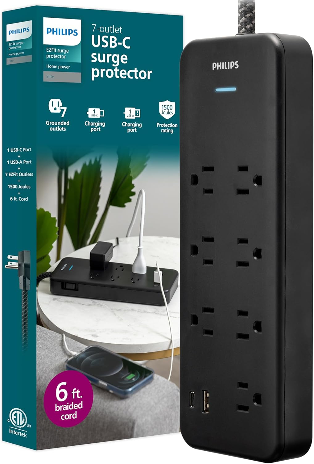 Philips 6-ft 7-Outlet Surge Protector, 7 Outlet, 1 USB-A, 1 USB-C, 15W, 1500J, Braided Cord, Black