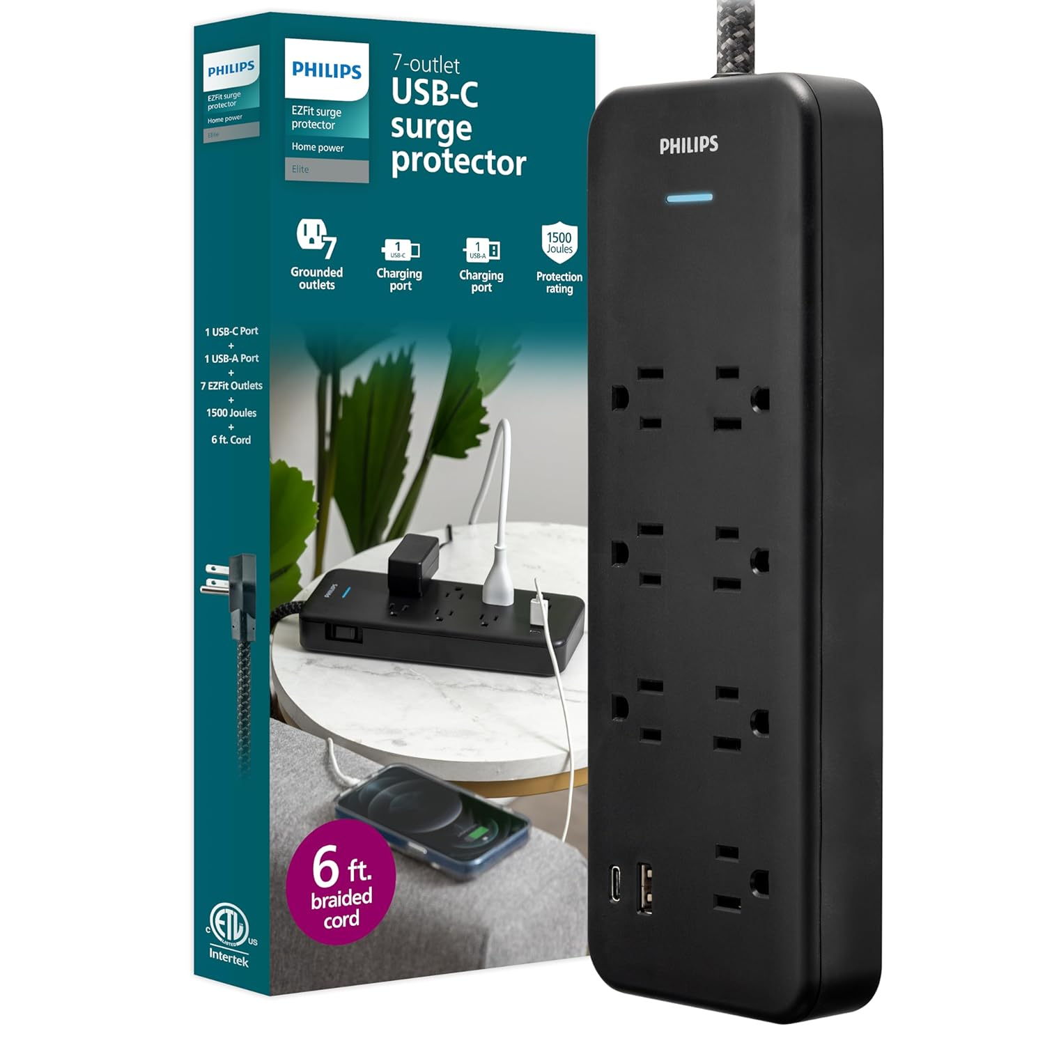 Philips 6-ft 7-Outlet Surge Protector, 7 Outlet, 1 USB-A, 1 USB-C, 15W, 1500J, Braided Cord, Black