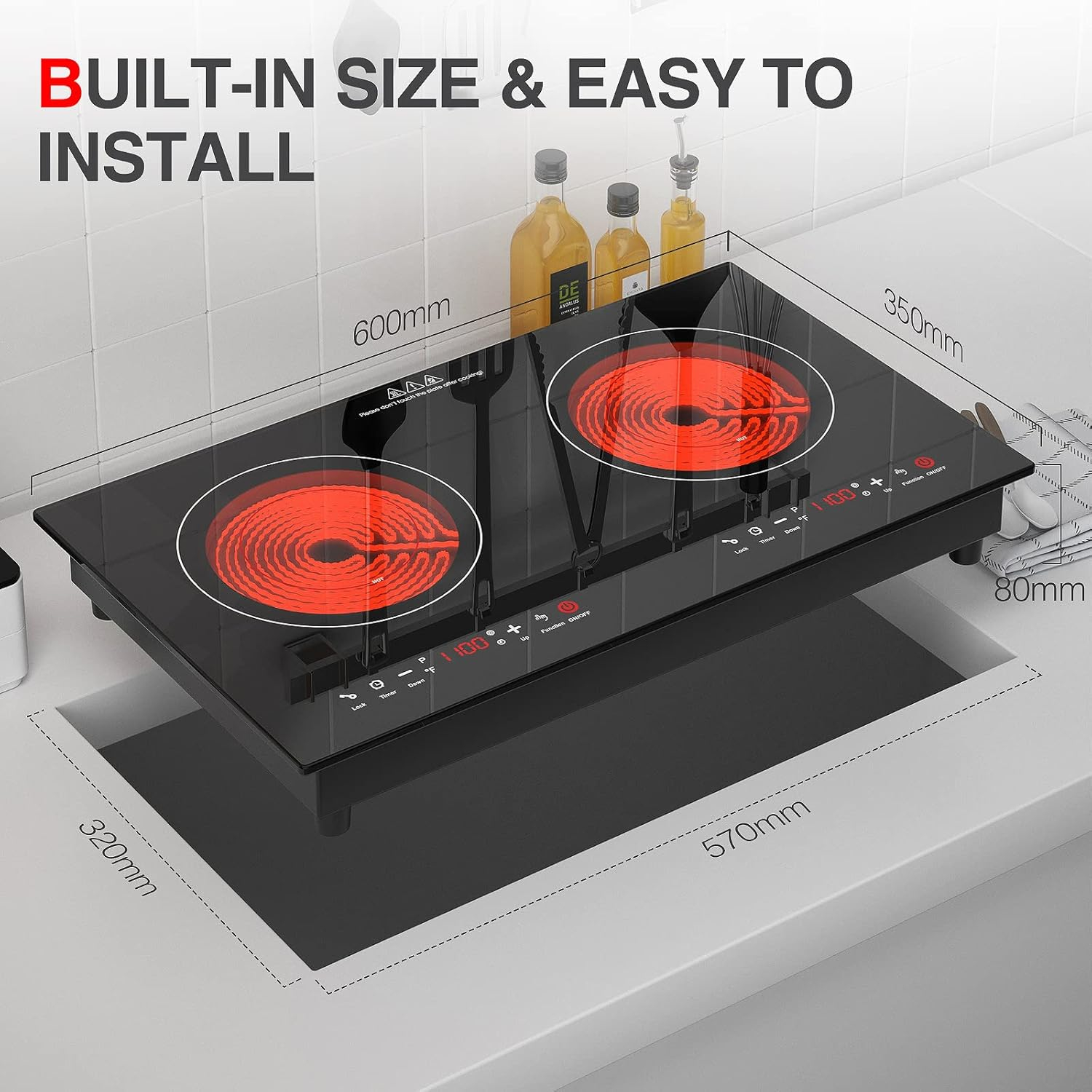 2400w Electric Cooktop, 24" Electric Stove 2 Burner Hot Plate Built-in Double Burner Cooktop with LED Touch Screen,9 Heating 9 Temperature,Kids Lock & Timer,Suitable for all Pans